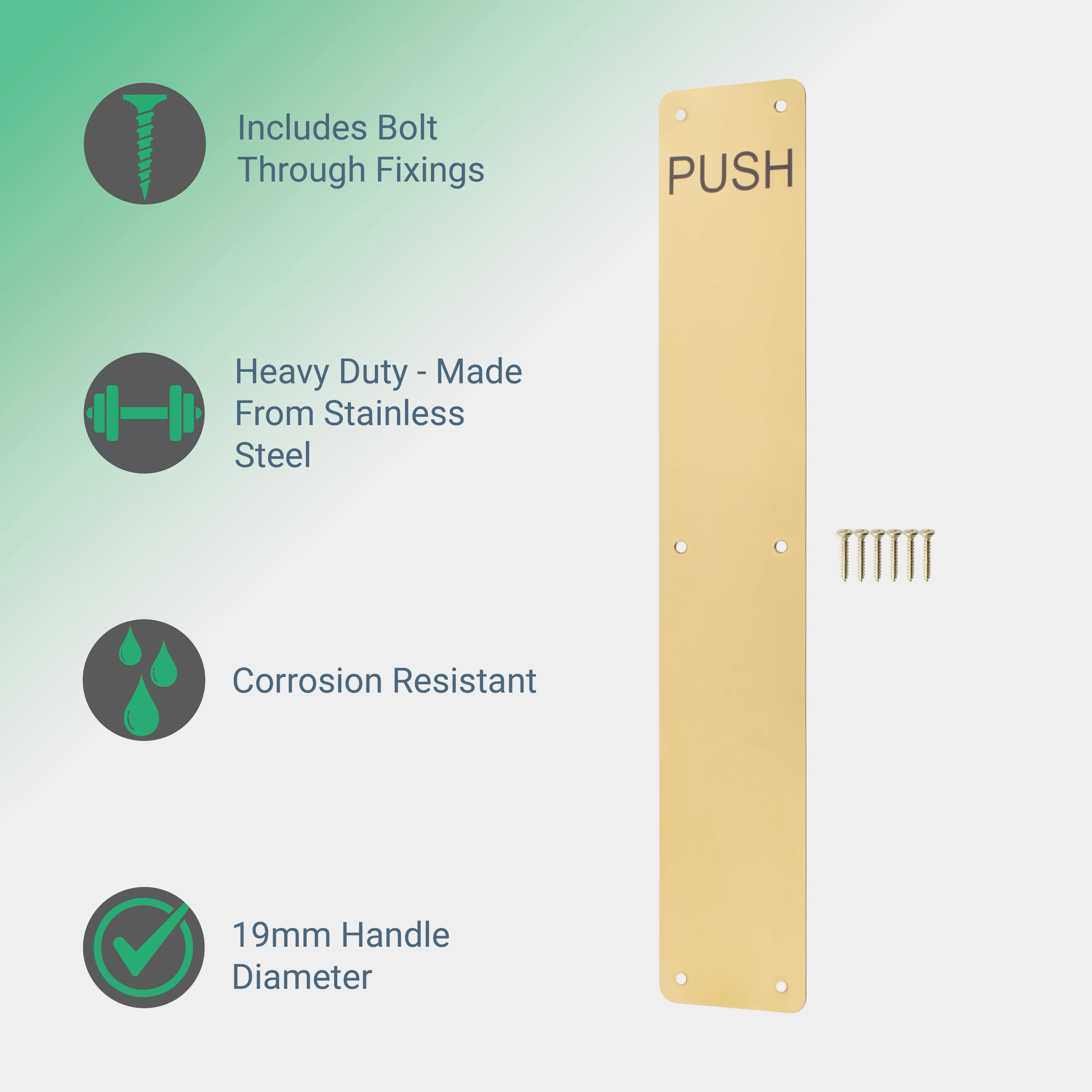 Engraved Push Finger Plate - 425 x 75 x 1.2mm Radius Corners - PVD Polished Brass - Image 2