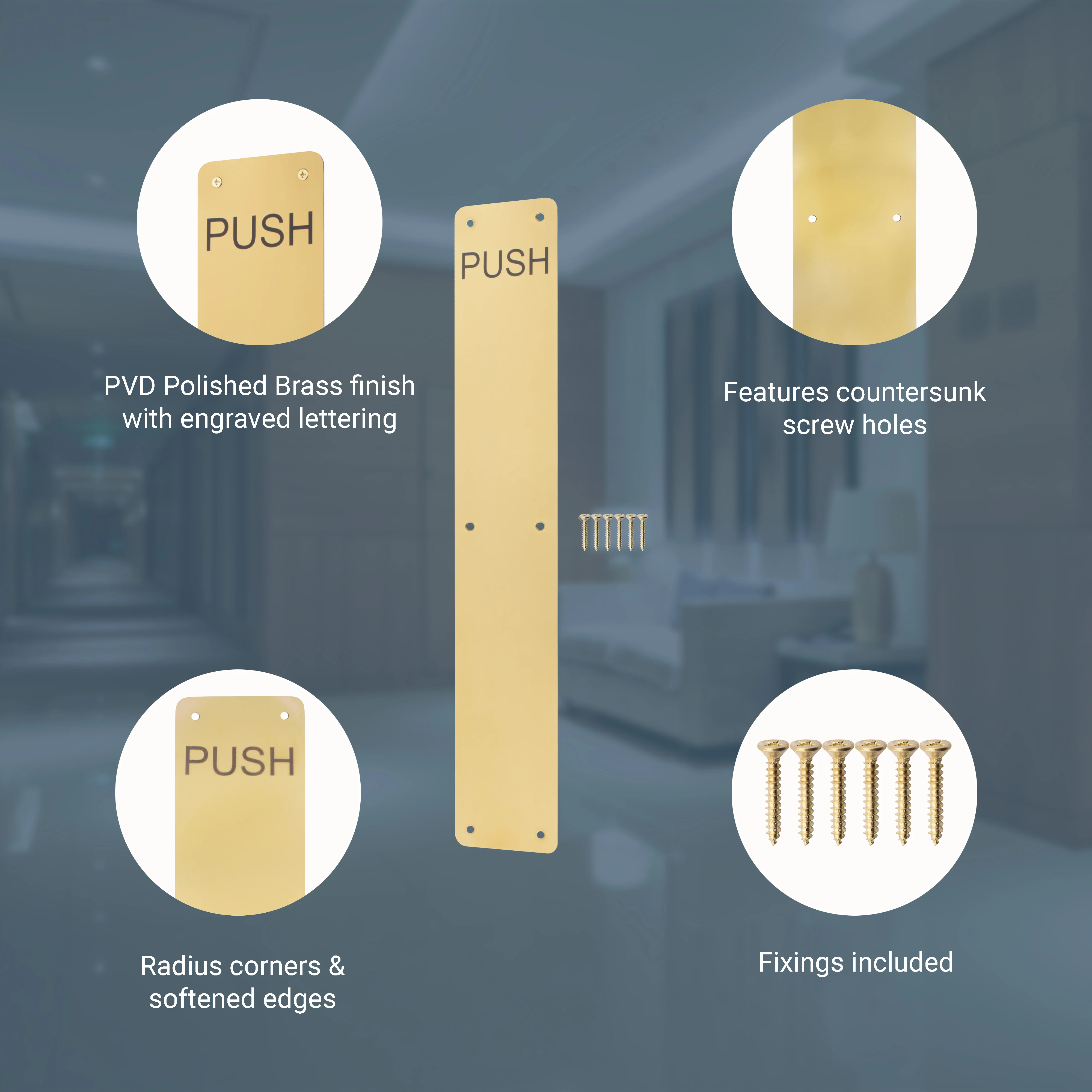 Engraved Push Finger Plate - 425 x 75 x 1.2mm Radius Corners - PVD Polished Brass - Image 3