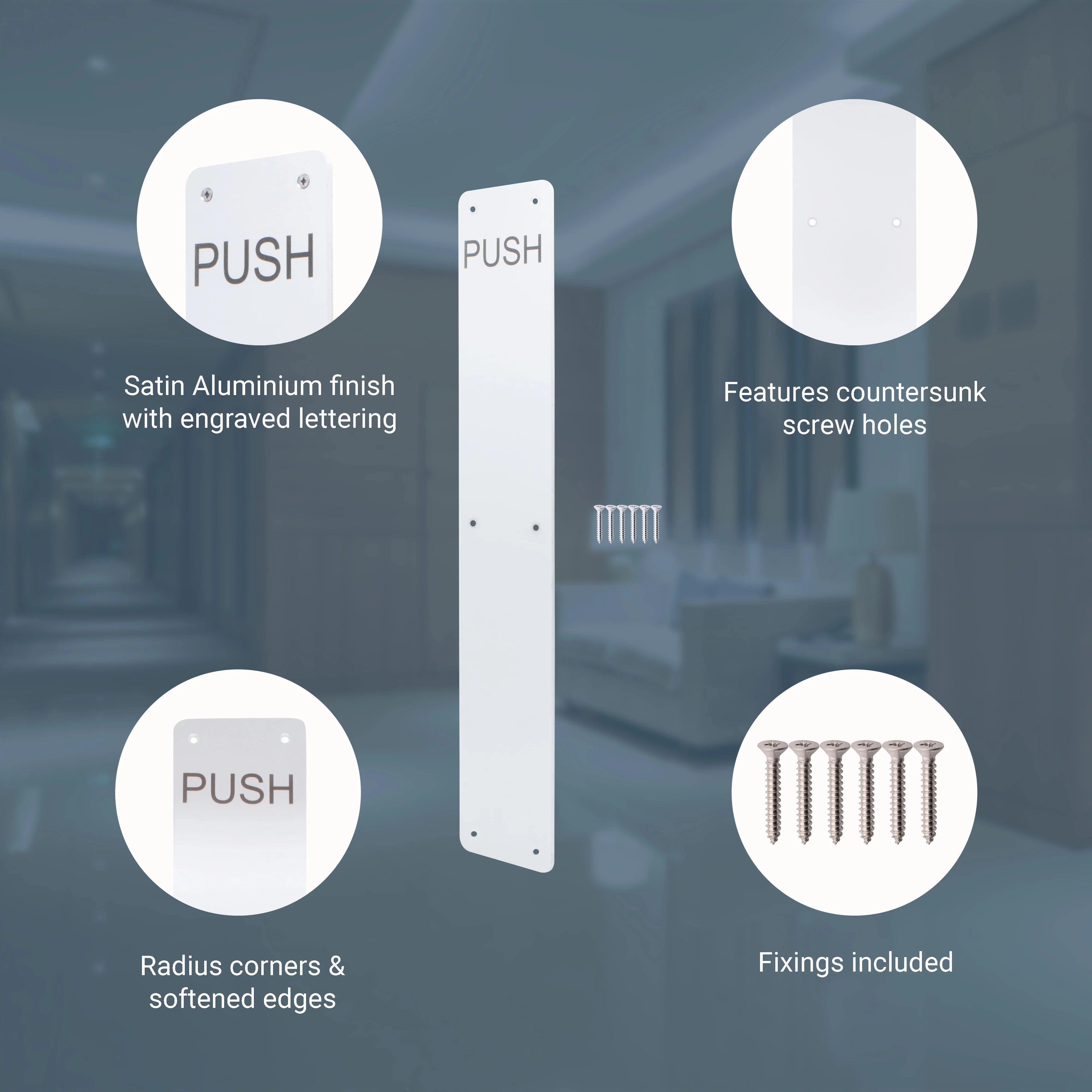 Engraved Push Finger Plate - 425 x 75 x 3mm Radius Corners - Satin Aluminium - Image 3