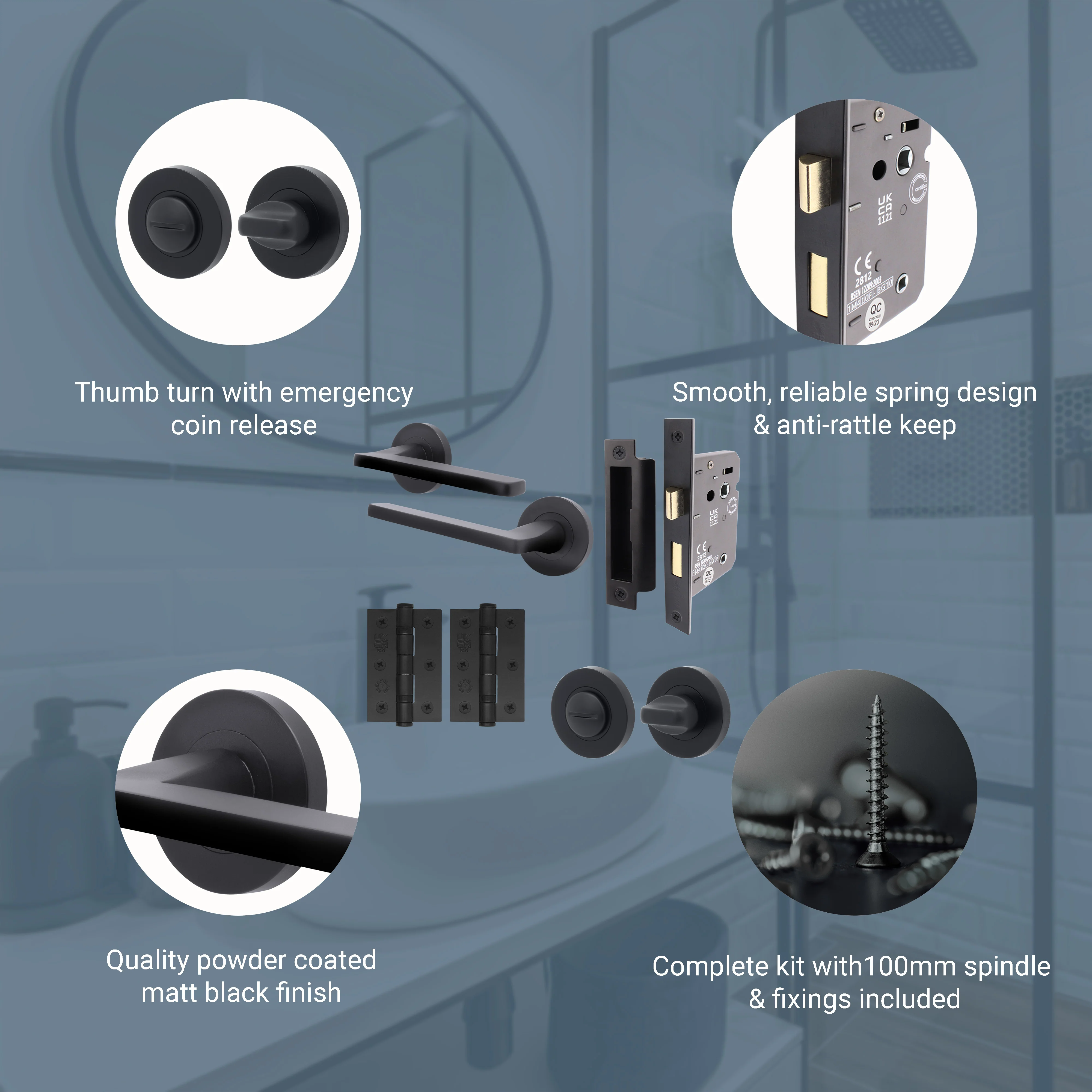 Euroda Black Lever on Rose Door Handle Pack - Bathroom - Image 3
