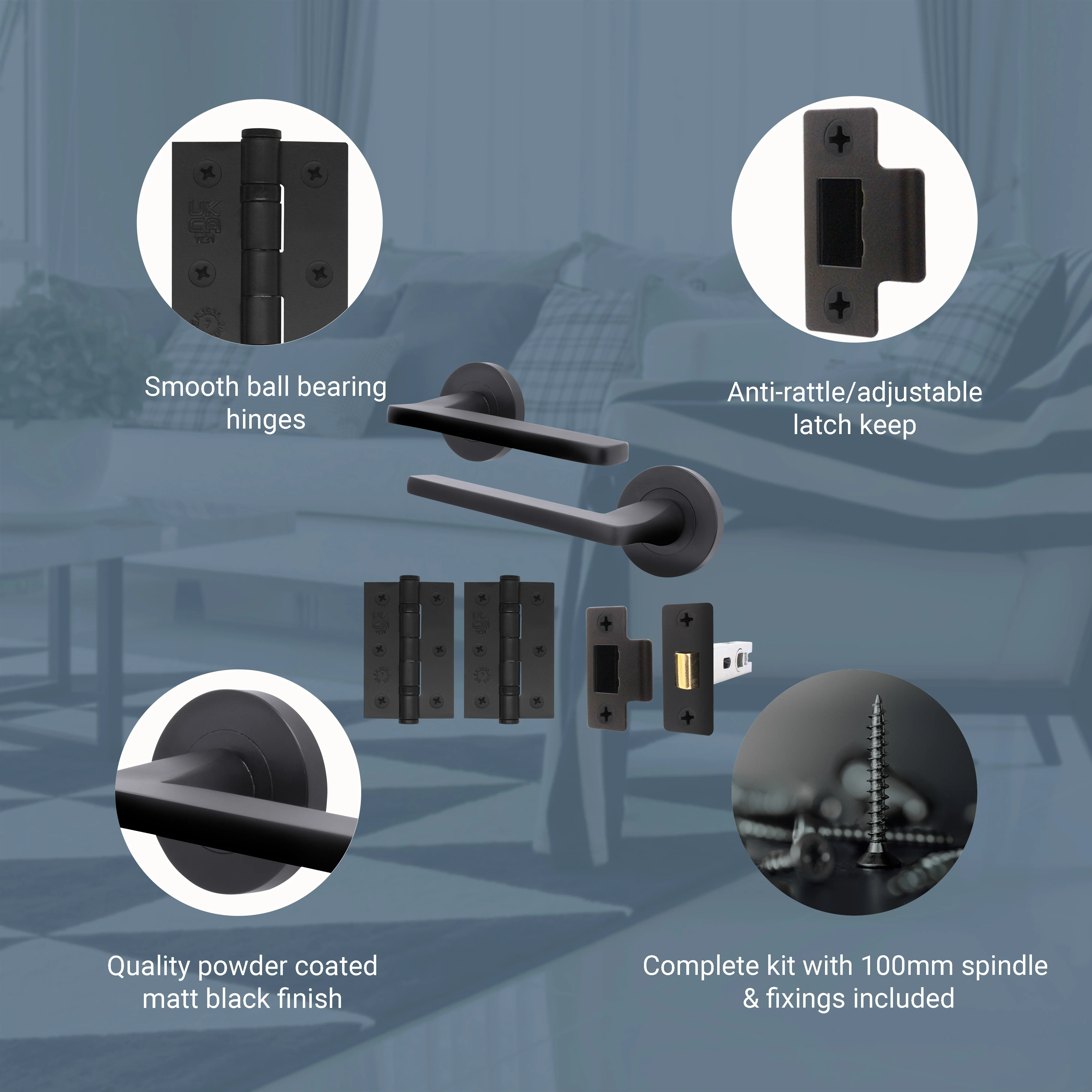Euroda Black Lever on Rose Door Handle Pack - Latch - Image 3