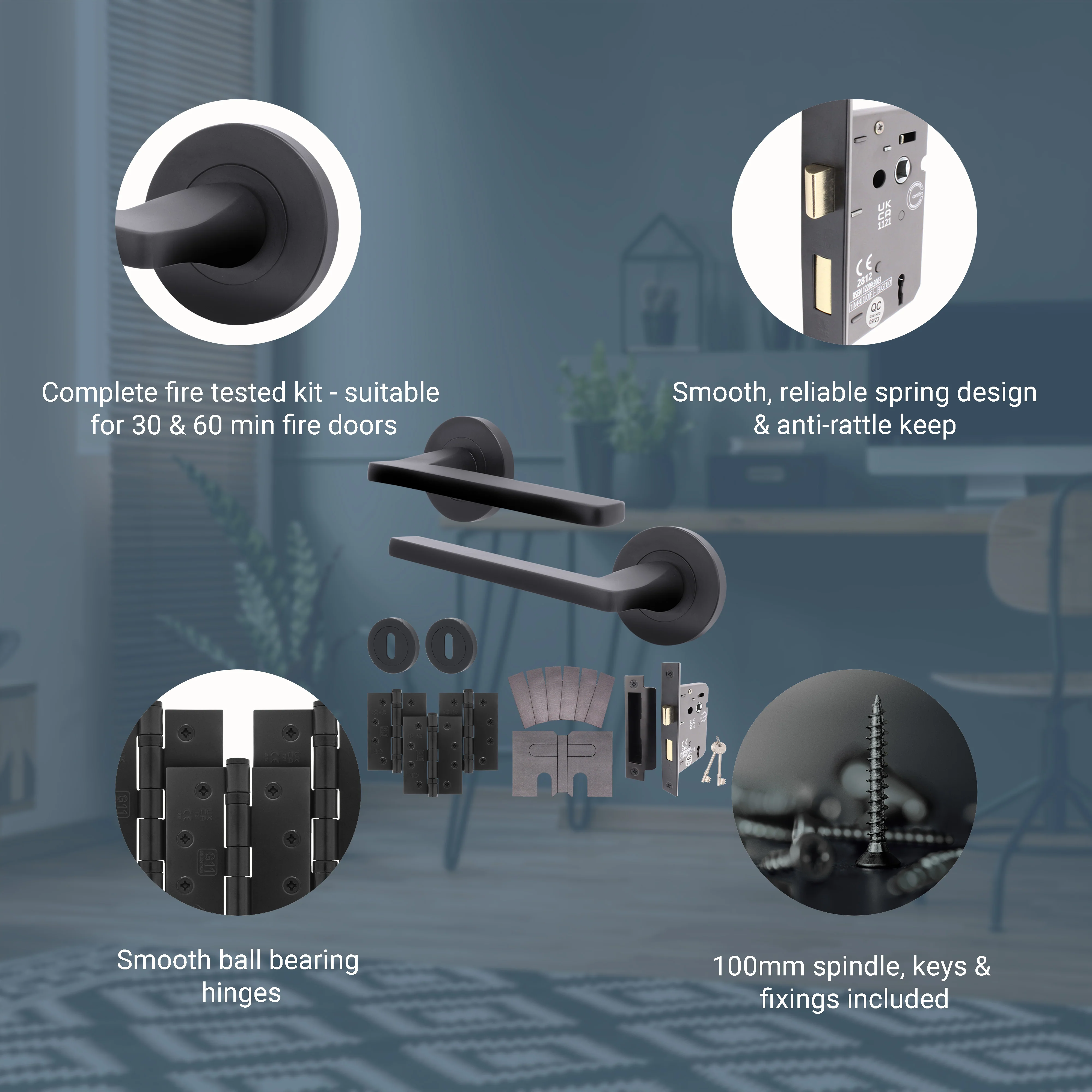 Euroda Black Lever on Rose Fire Door Handle Pack - 3 Lever Lock - FD30/60 - Image 3