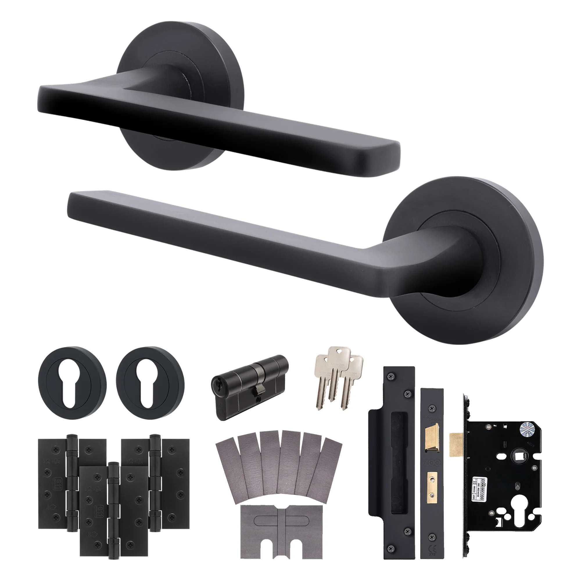 Euroda Black Lever on Rose Fire Door Handle Pack - Euro Lock & Cylinder - FD30/60