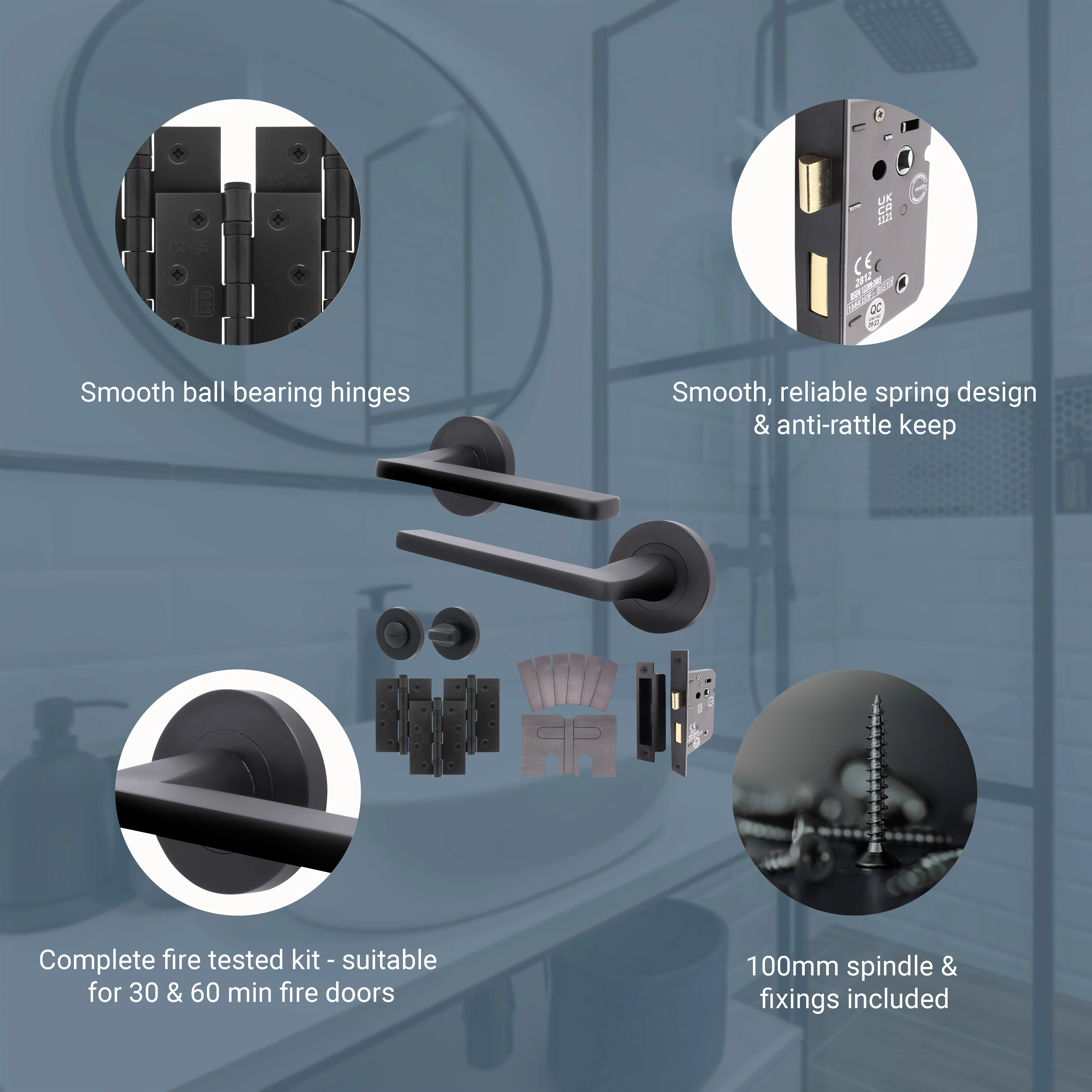Euroda Black Lever on Rose Fire Door Handle Pack - Bathroom - FD30/60 - Image 3
