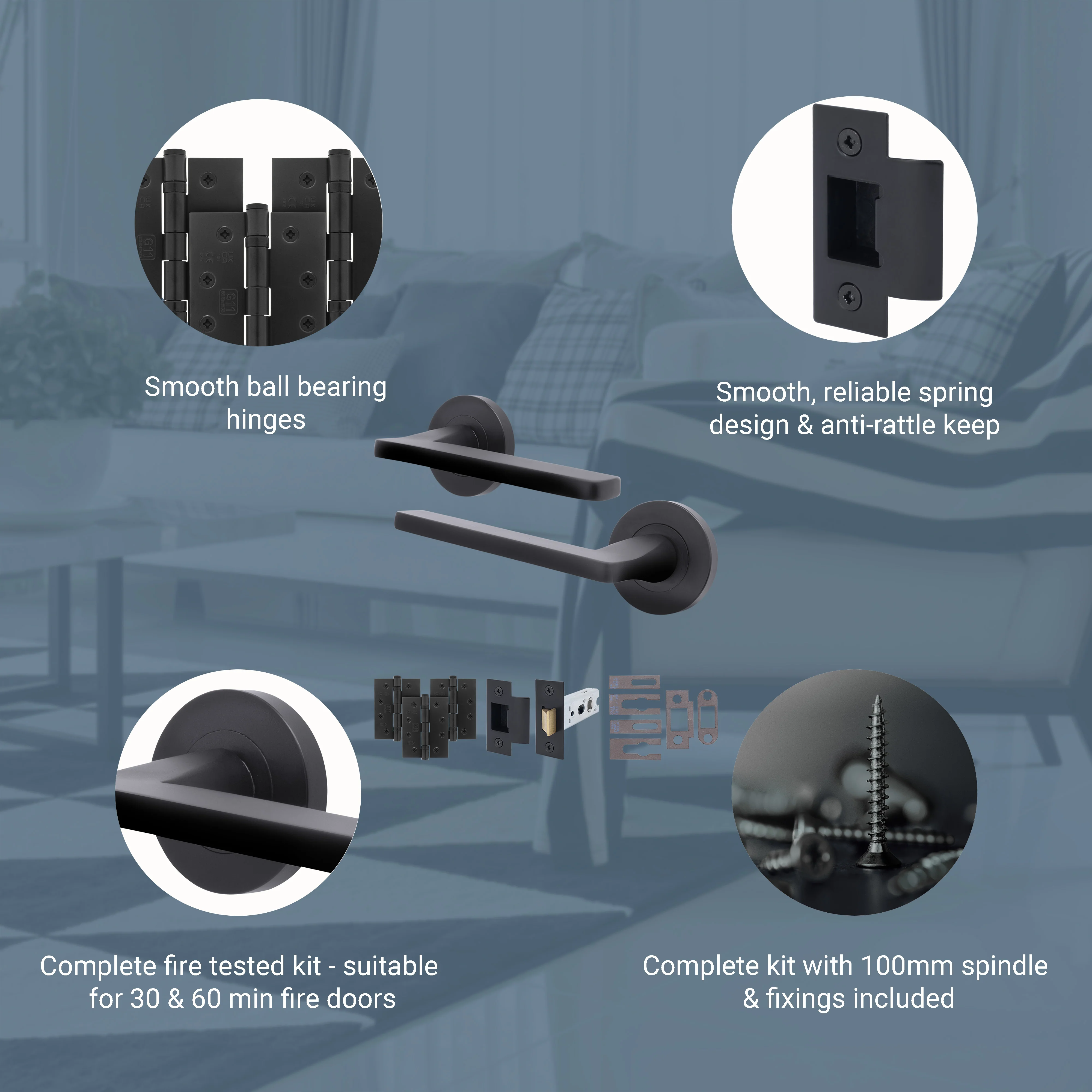 Euroda Black Lever on Rose Fire Door Handle Pack - Latch - FD30/60 - Image 3