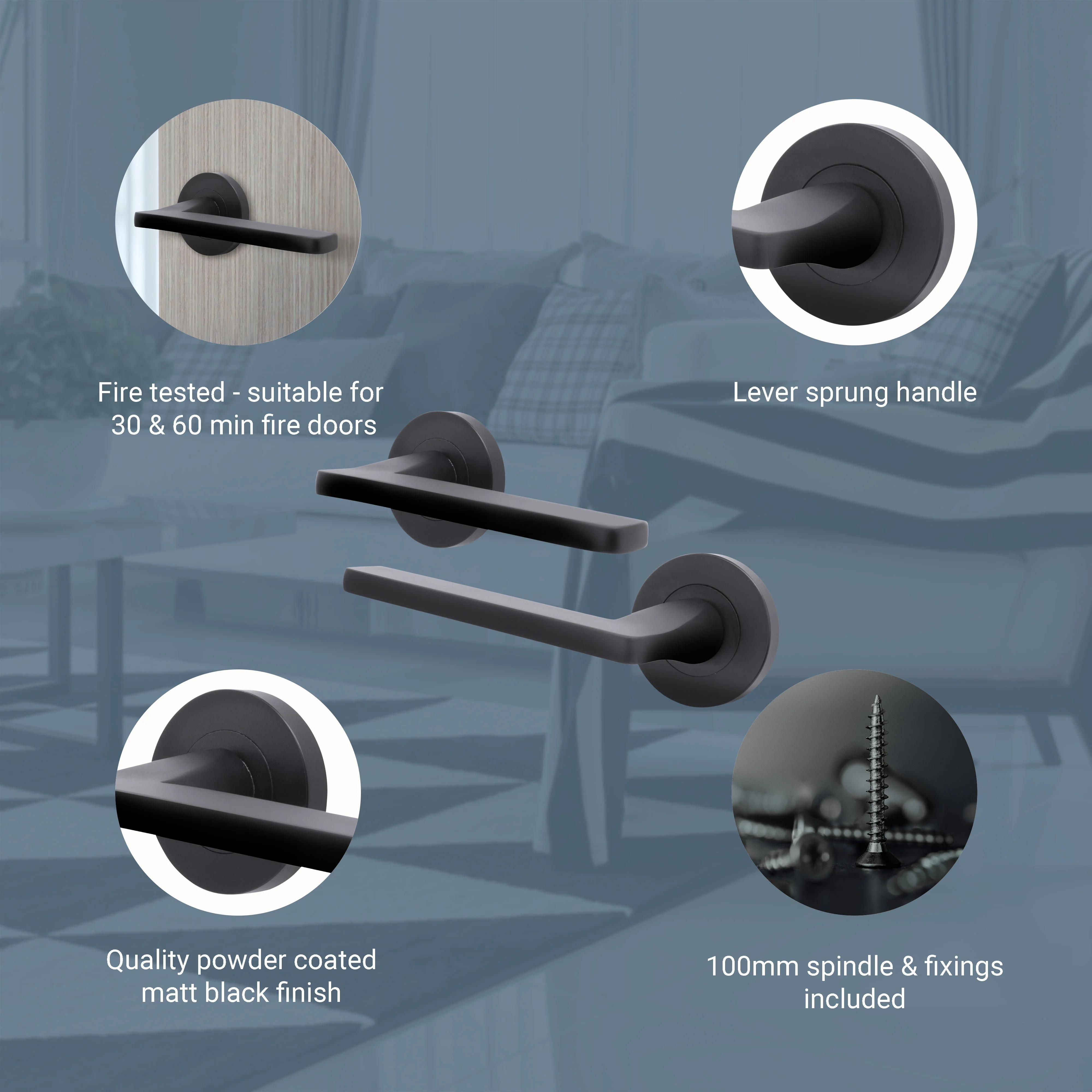 Euroda Fire Door Handle on Rose - Black - FD30/60 - Image 3