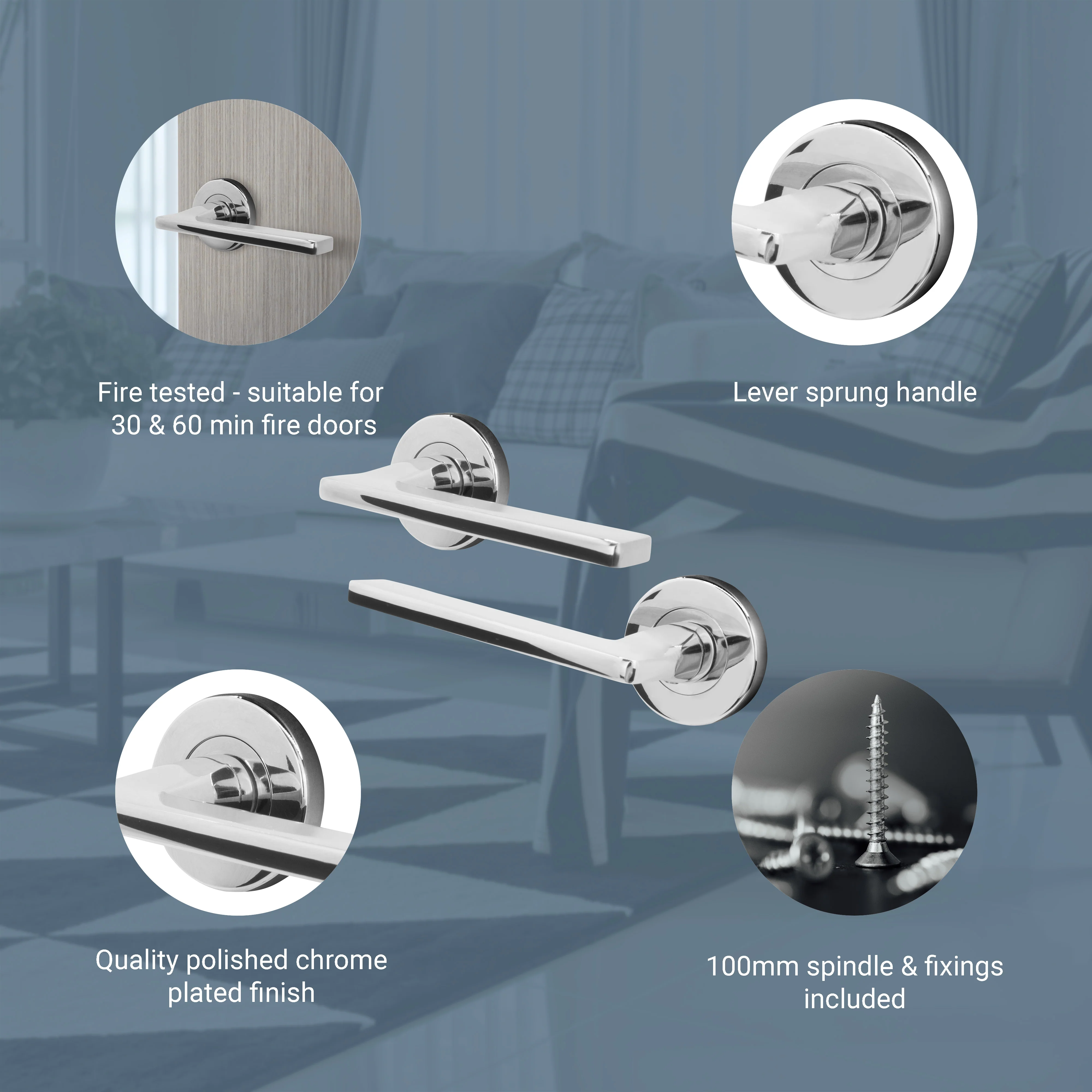 Euroda Fire Door Handle on Rose - Polished Chrome - FD30/60 - Image 4