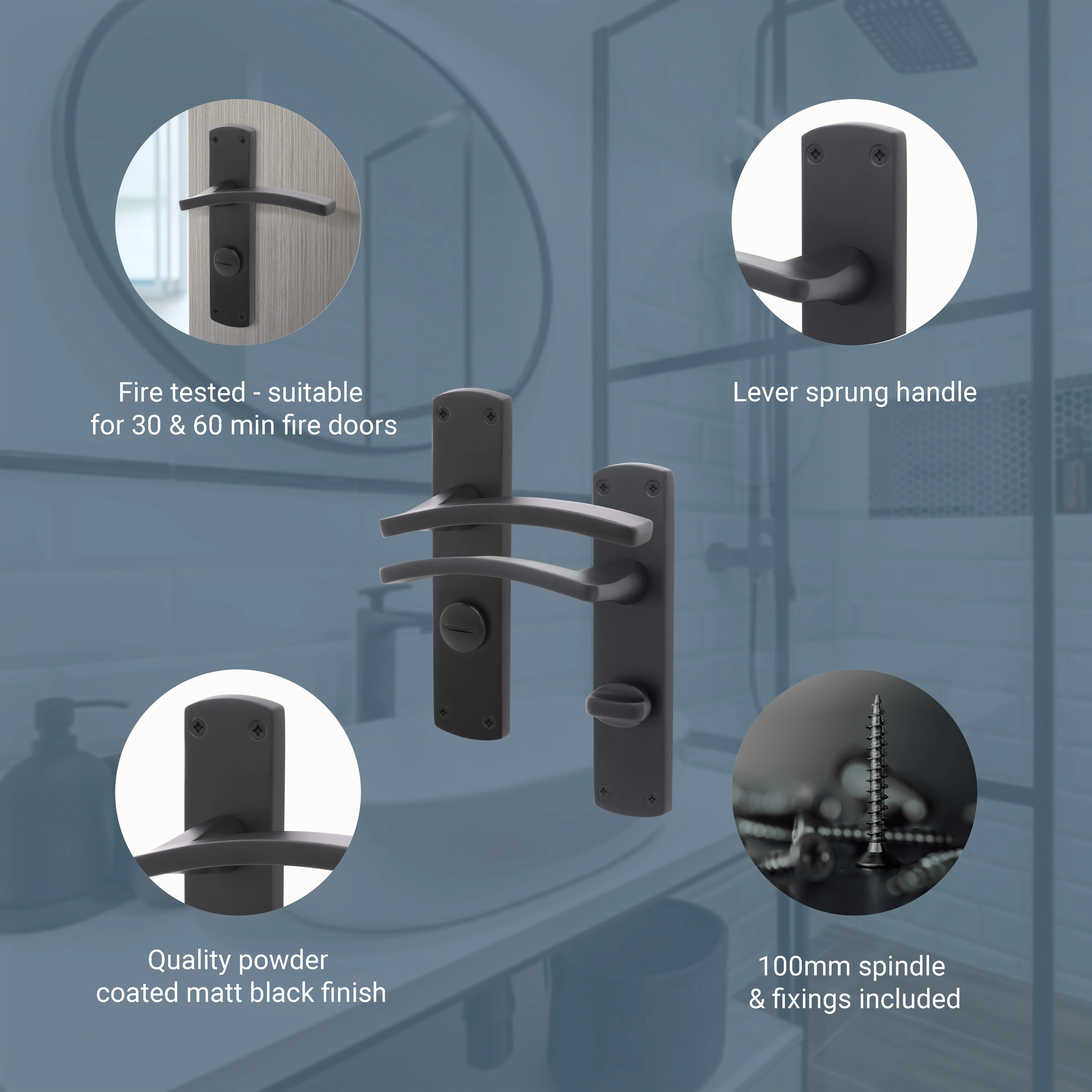 Euroda-Plus Black Lever Fire Door Handles - Bathroom - FD30/60 - Image 3