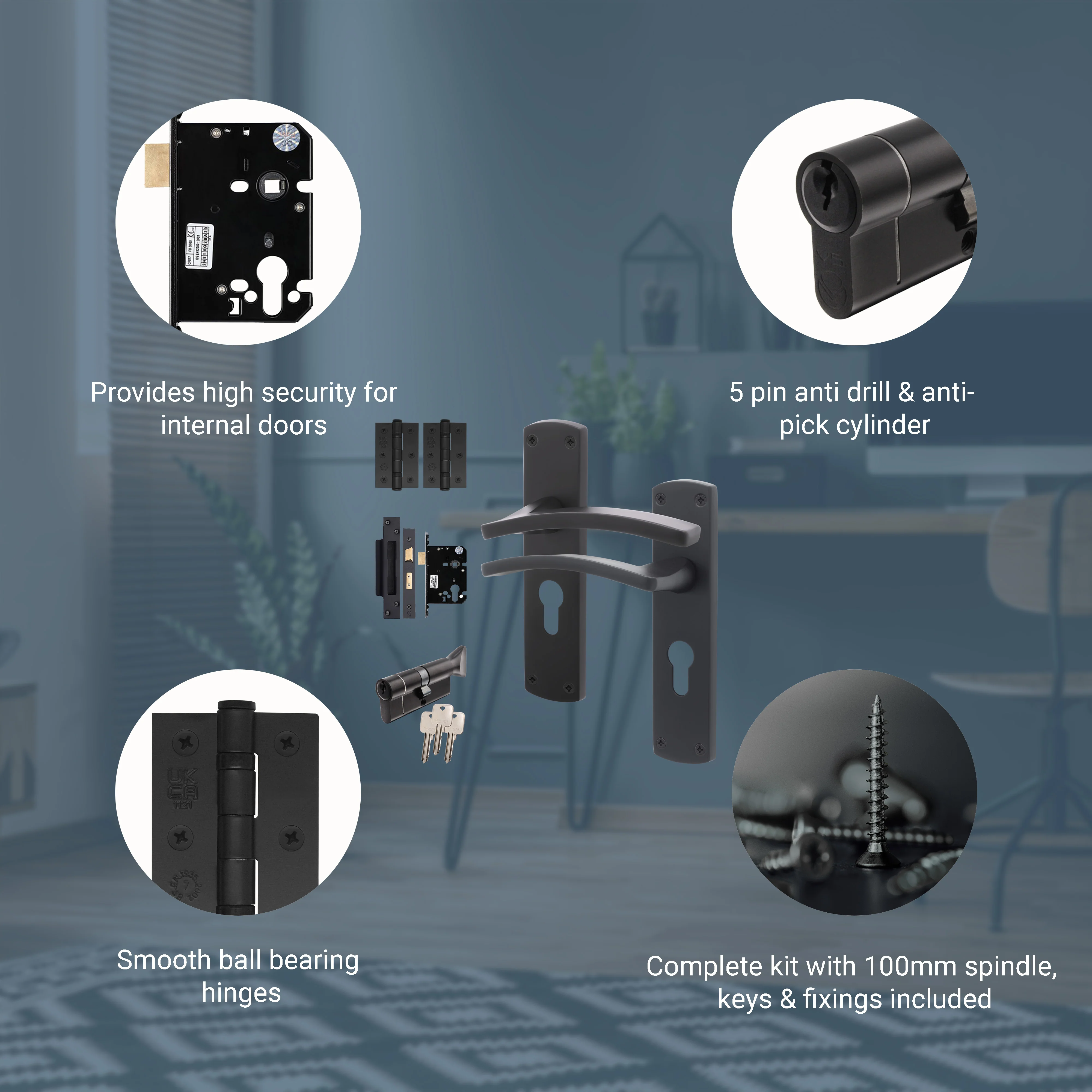 Euroda-Plus Black Door Handle Pack - Euro Lock & Thumbturn Cylinder - Image 3