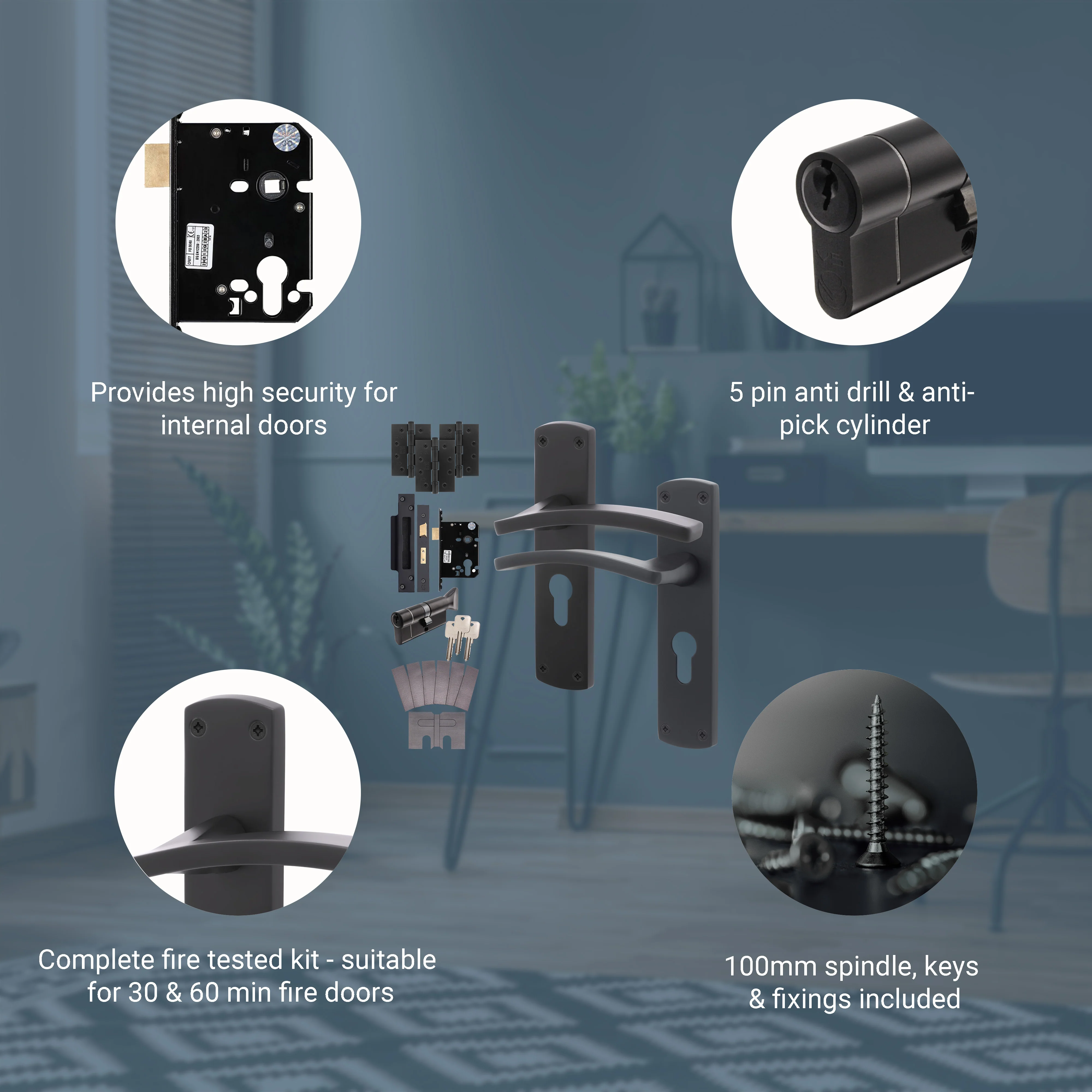 Euroda-Plus Black Fire Door Handle Pack - Euro Lock & Thumbturn Cylinder - FD30/60 - Image 3
