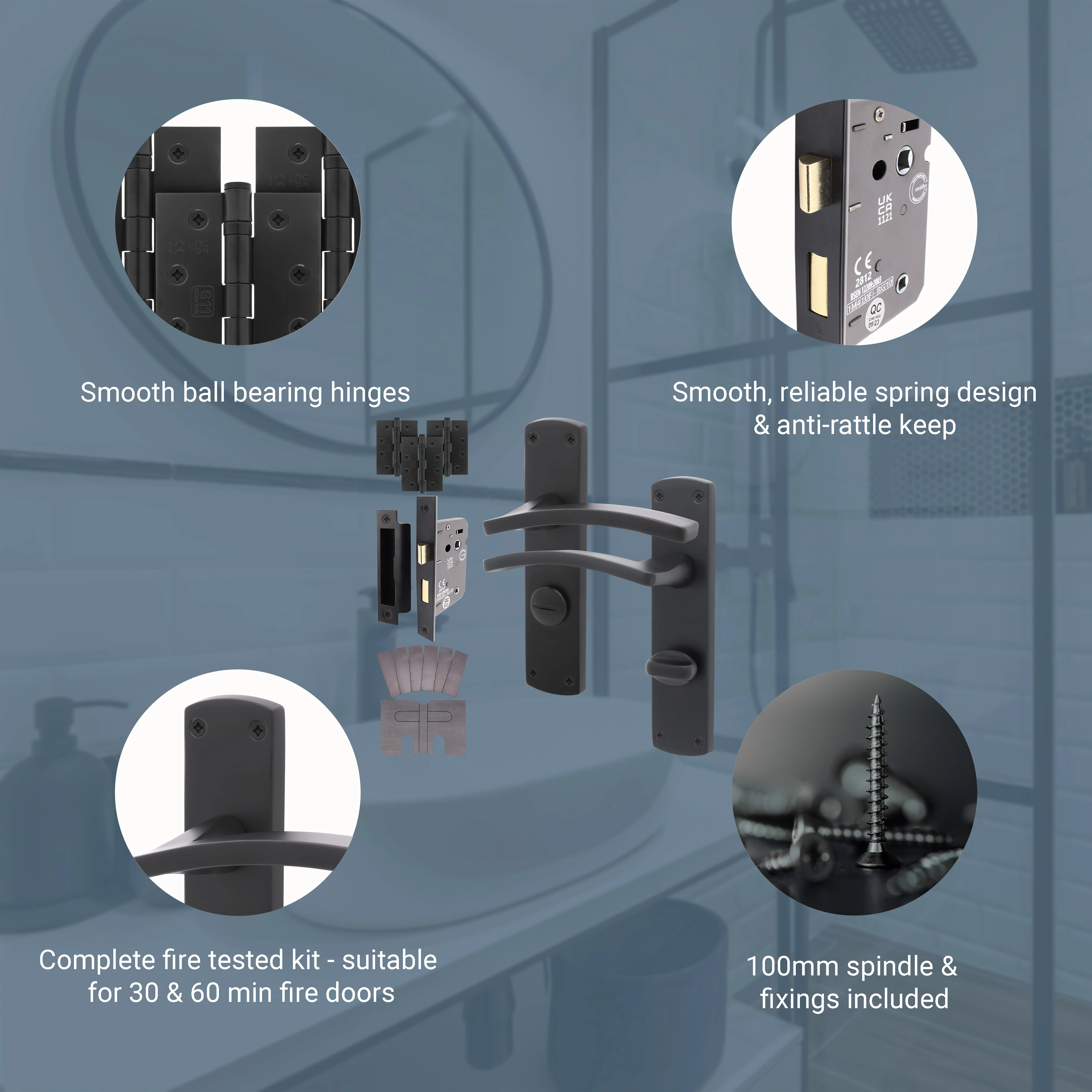 Euroda-Plus Black Fire Door Handle Pack - Bathroom - FD30/60 - Image 3