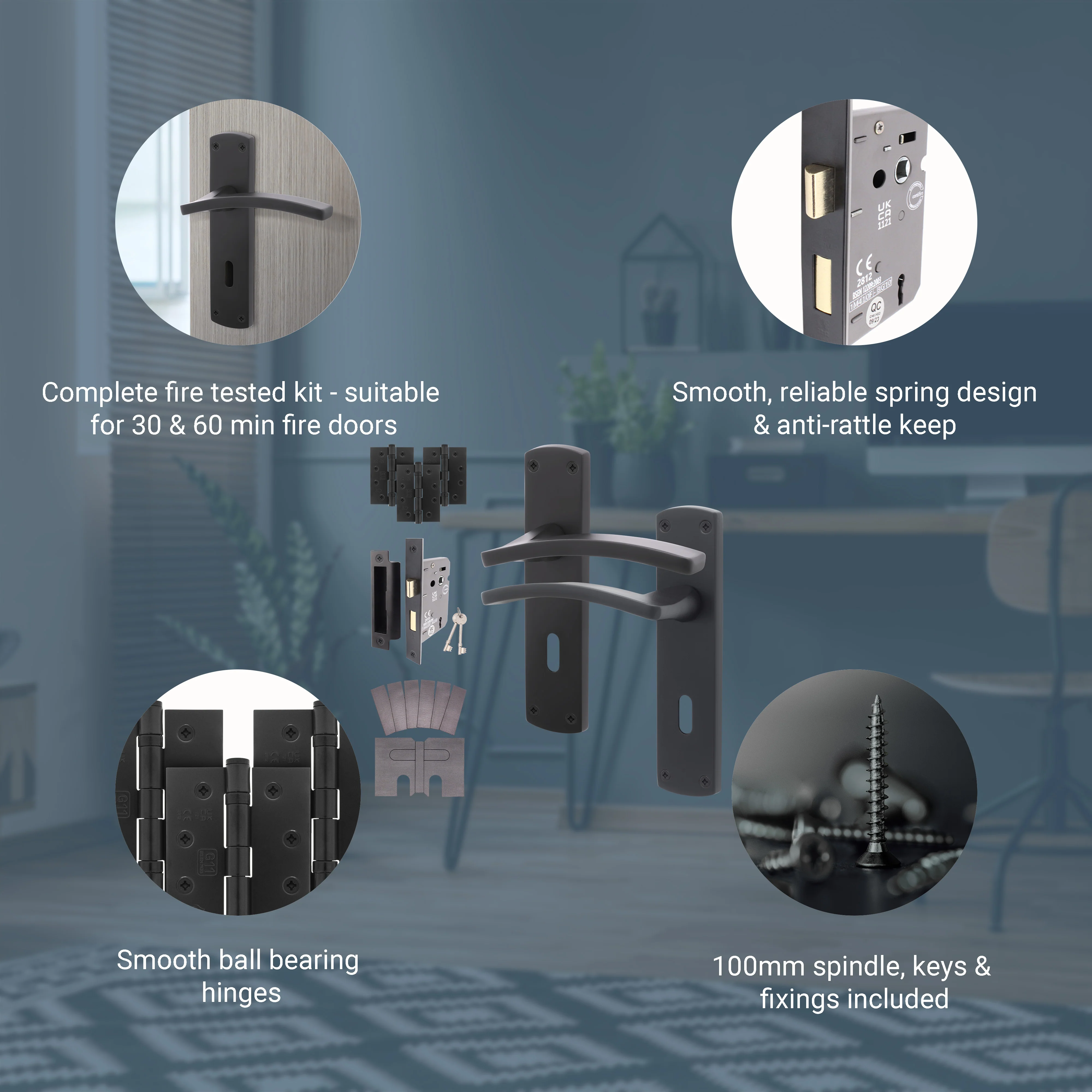 Euroda-Plus Black Fire Door Handle Pack - Sash Lock - FD30/60 - Image 3