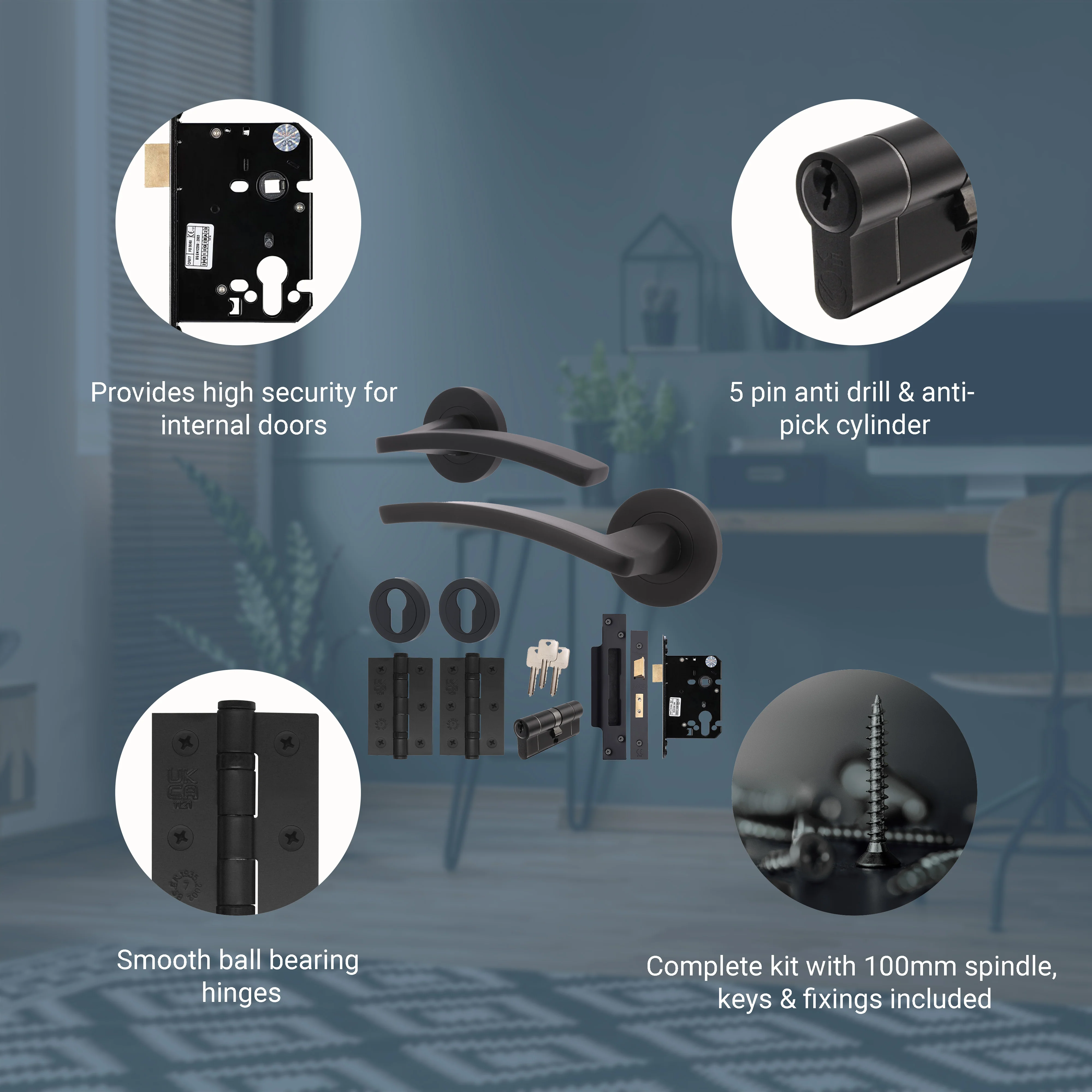 Euroda-Plus Black Lever on Rose Door Handle Pack - Euro Lock & Cylinder - Image 3