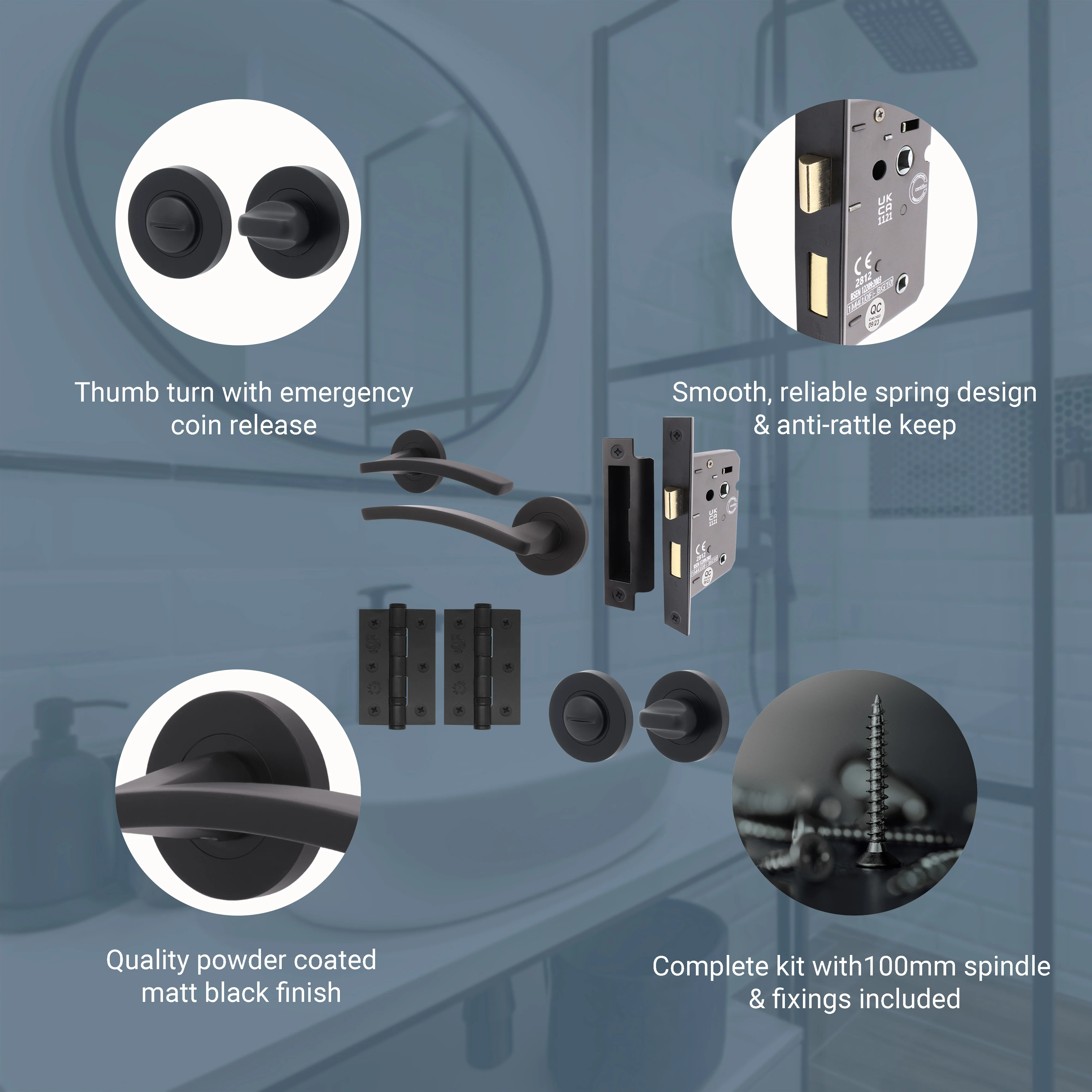 Euroda-Plus Black Lever on Rose Door Handle Pack - Bathroom - Image 3
