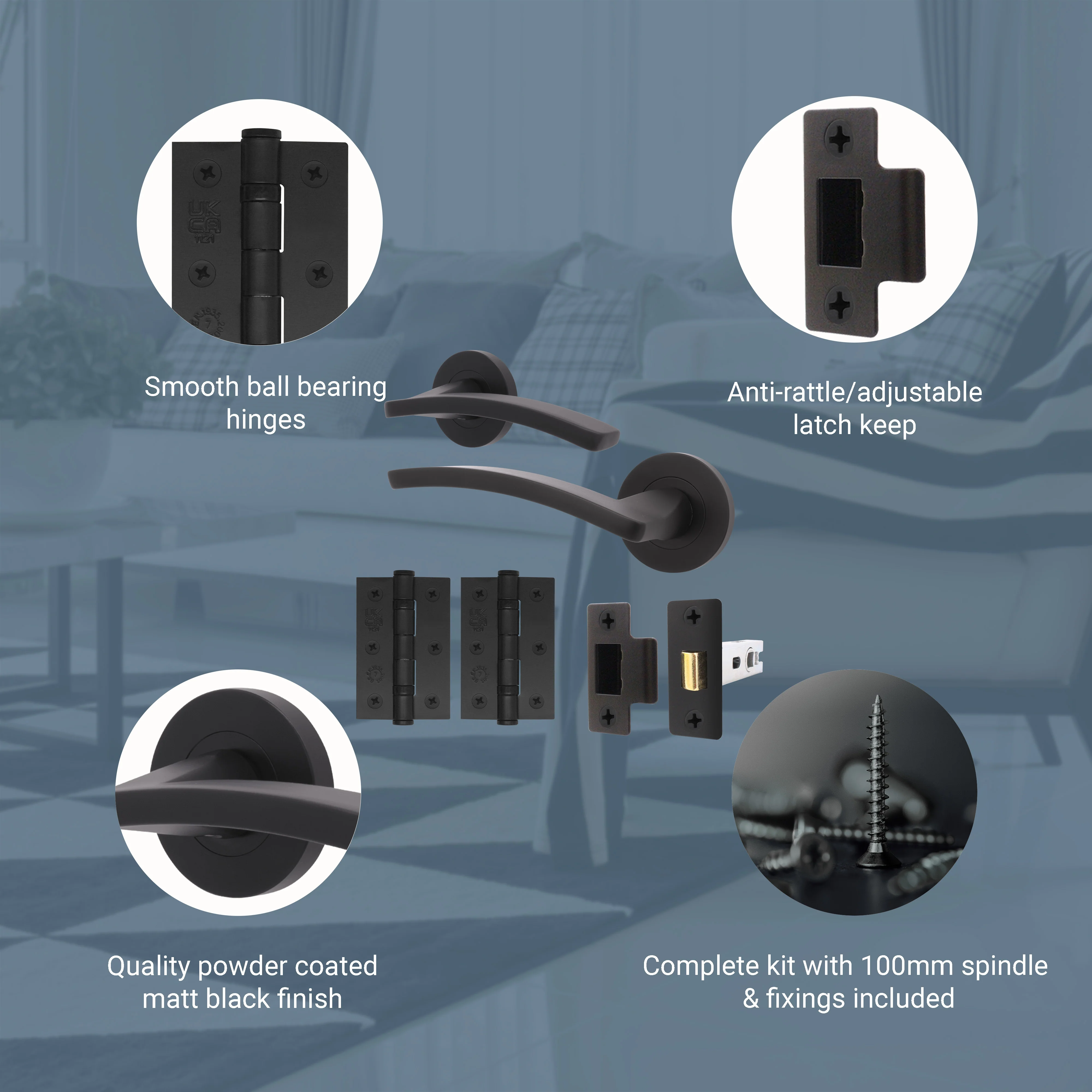 Euroda-Plus Black Lever on Rose Door Handle Pack - Latch - Image 3