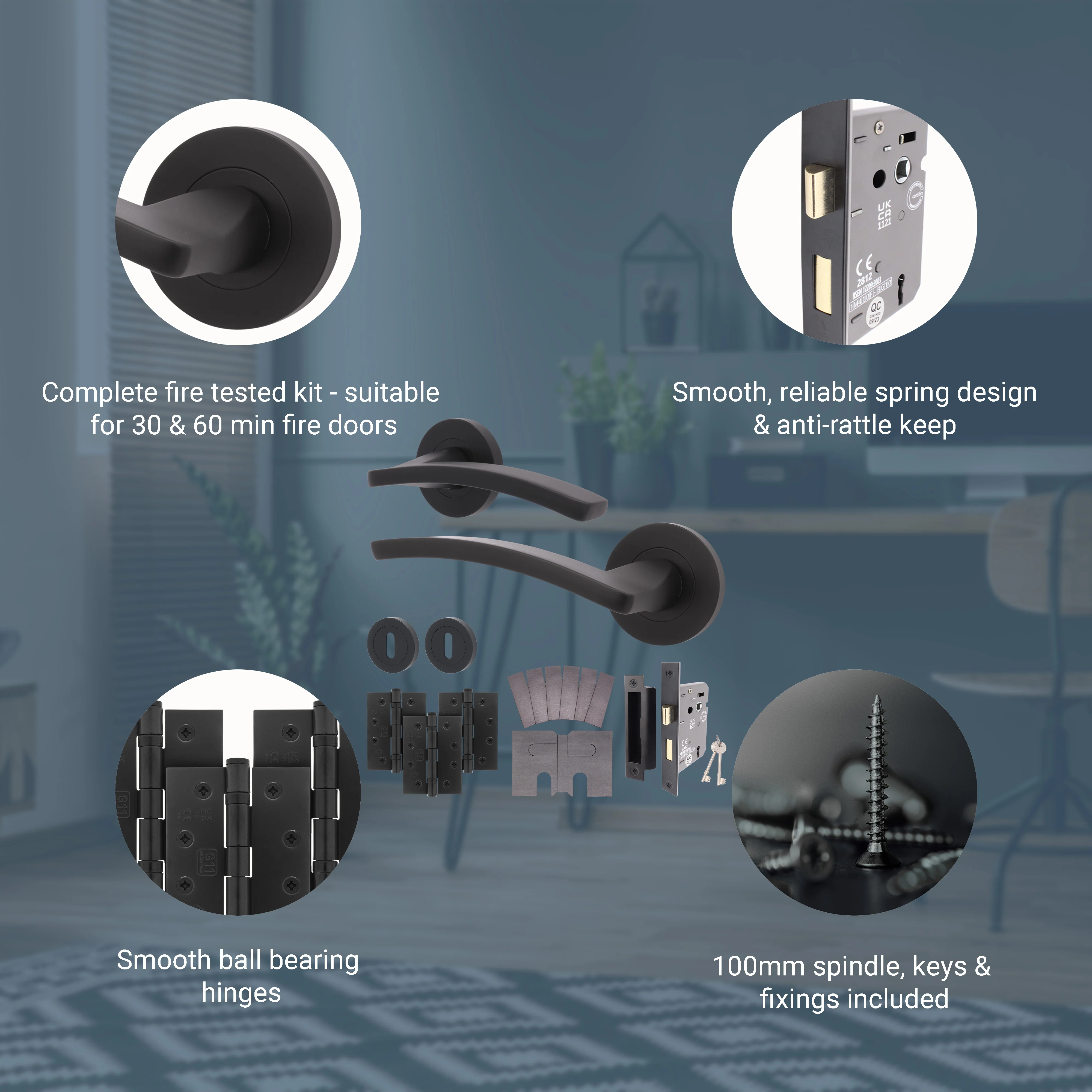 Euroda-Plus Black Lever on Rose Fire Door Handle Pack - 3 Lever Lock - FD30/60 - Image 3