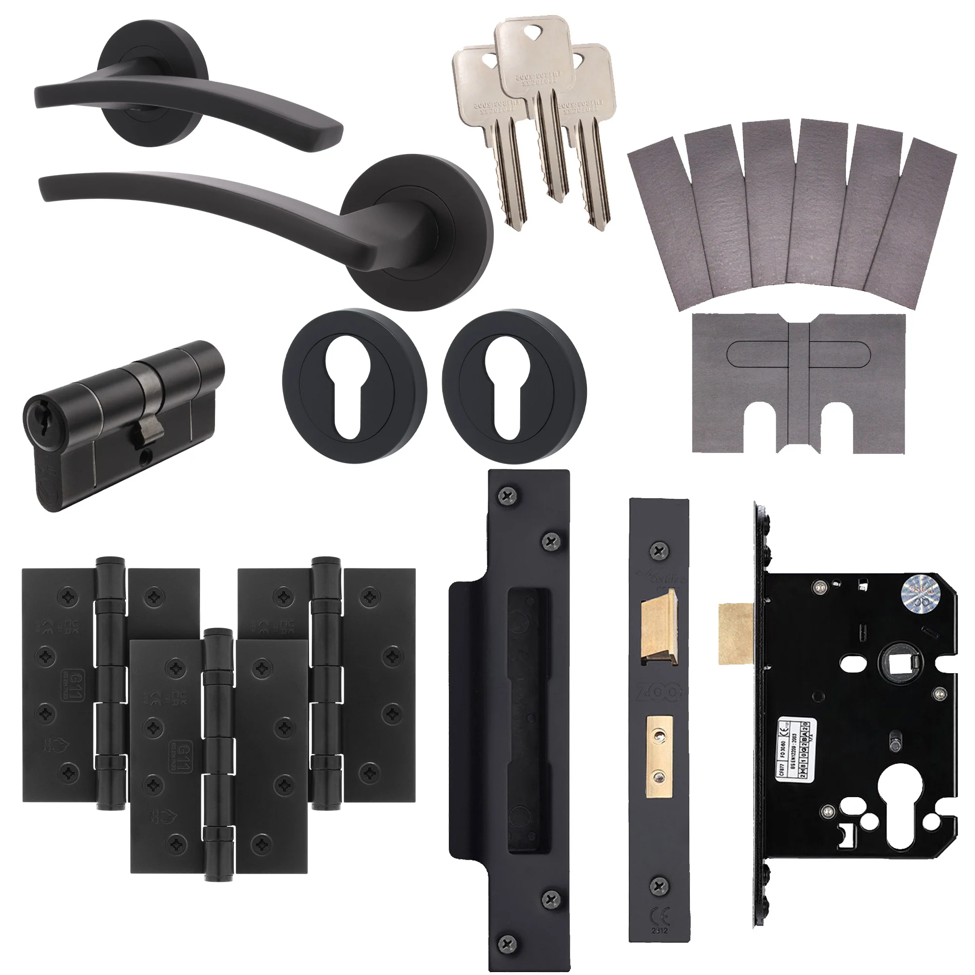 Euroda-Plus Black Lever on Rose Fire Door Handle Pack - Euro Lock & Cylinder - FD30/60