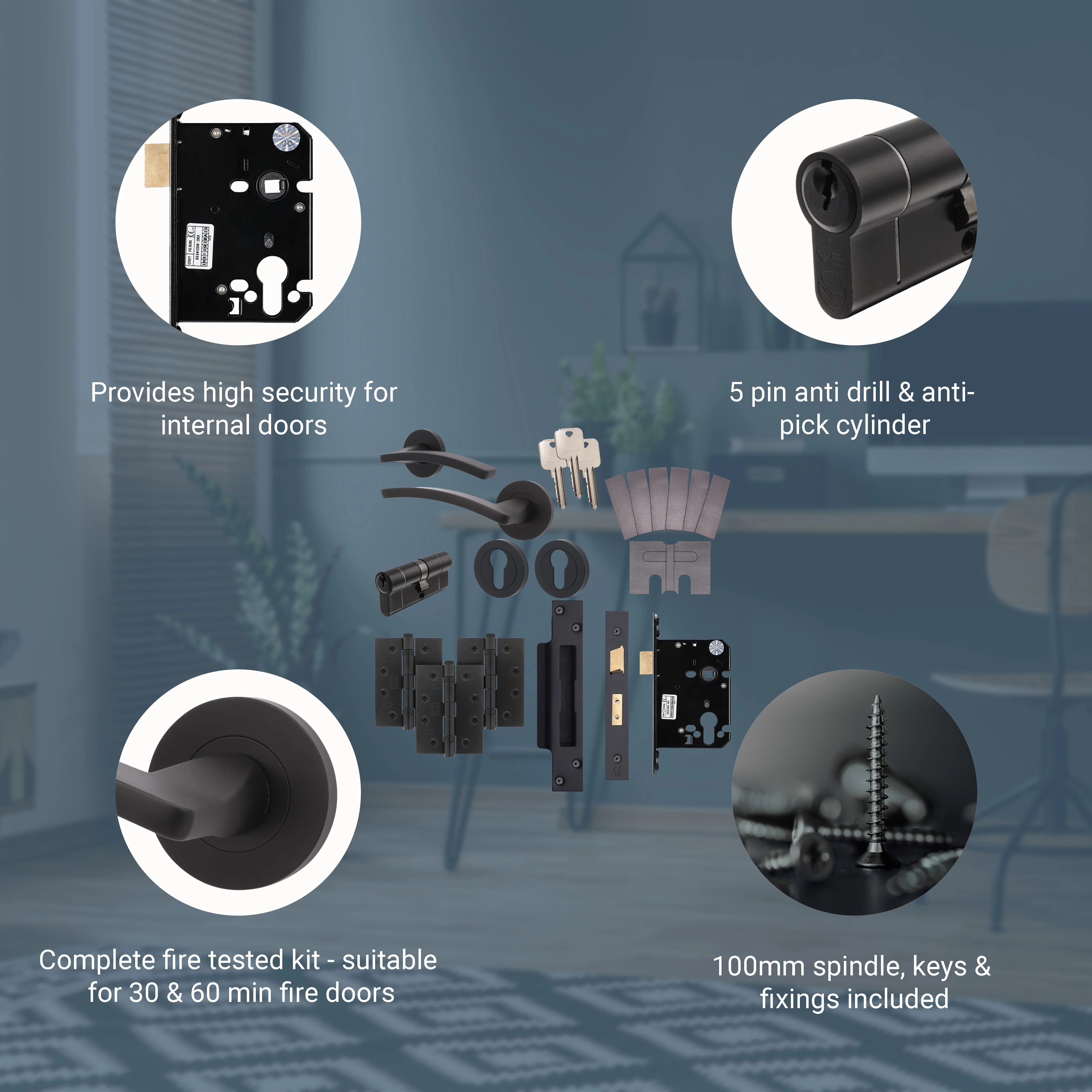 Euroda-Plus Black Lever on Rose Fire Door Handle Pack - Euro Lock & Cylinder - FD30/60 - Image 3