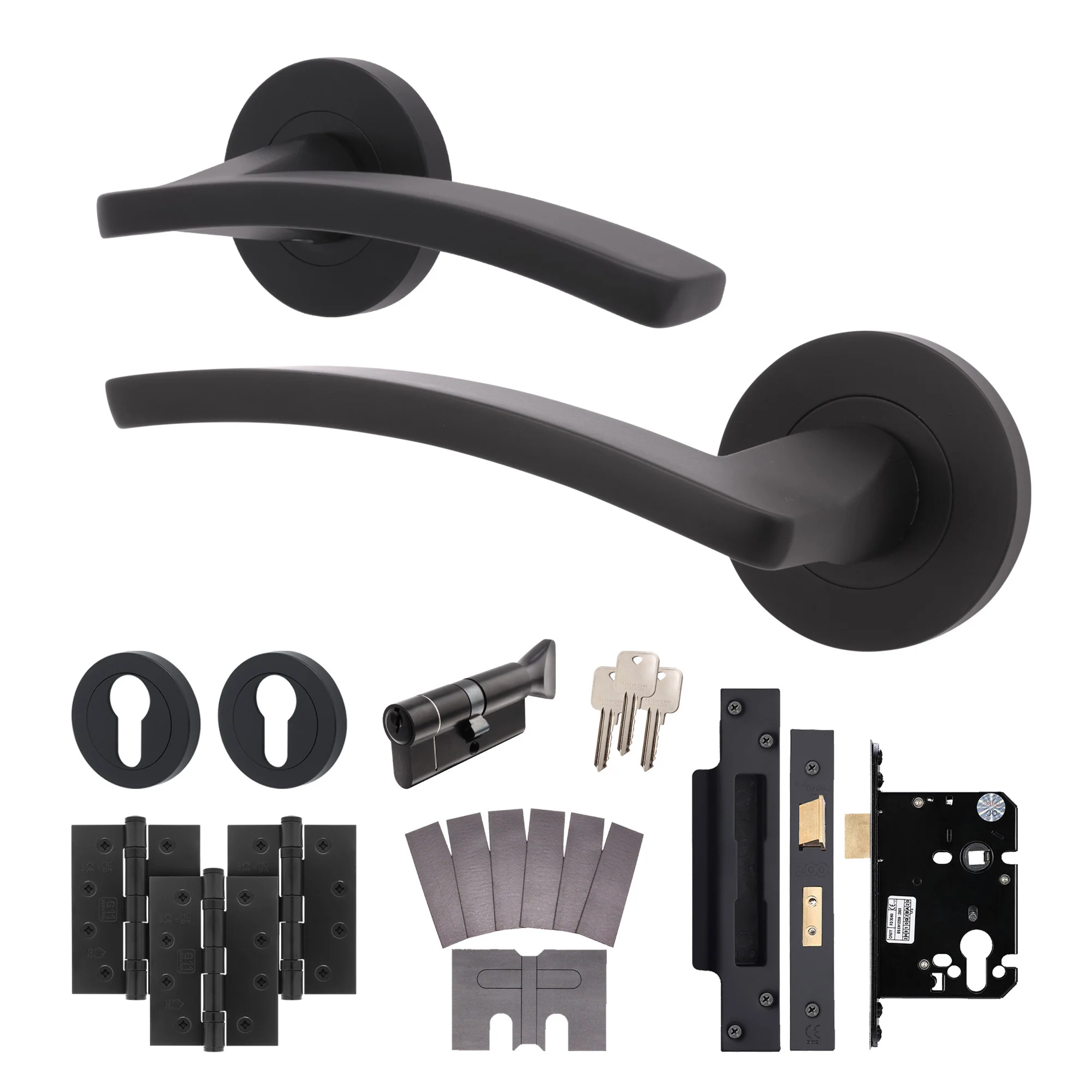 Euroda-Plus Black Lever on Rose Fire Door Handle Pack - Euro Lock & Thumbturn Cylinder - FD30/60