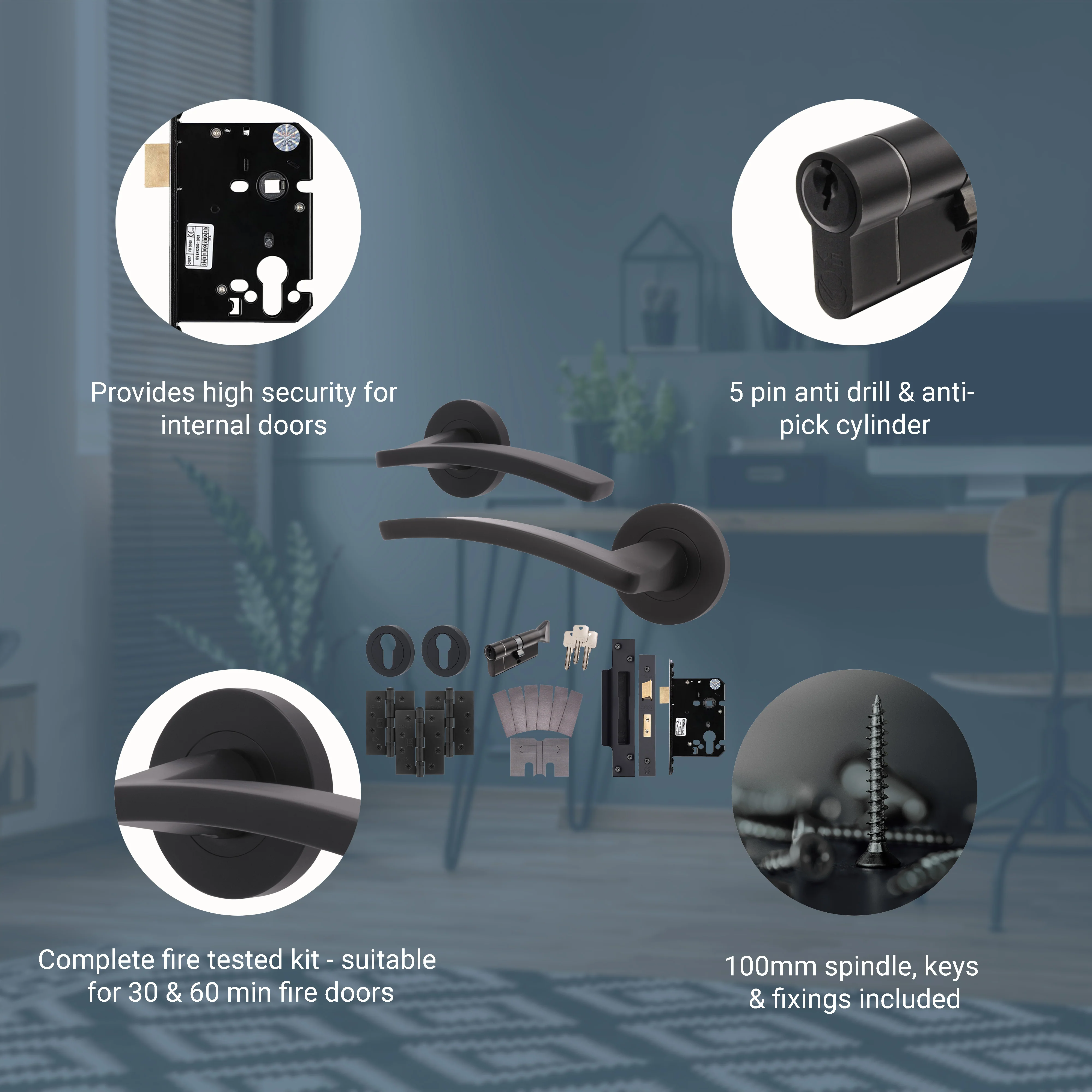 Euroda-Plus Black Lever on Rose Fire Door Handle Pack - Euro Lock & Thumbturn Cylinder - FD30/60 - Image 3