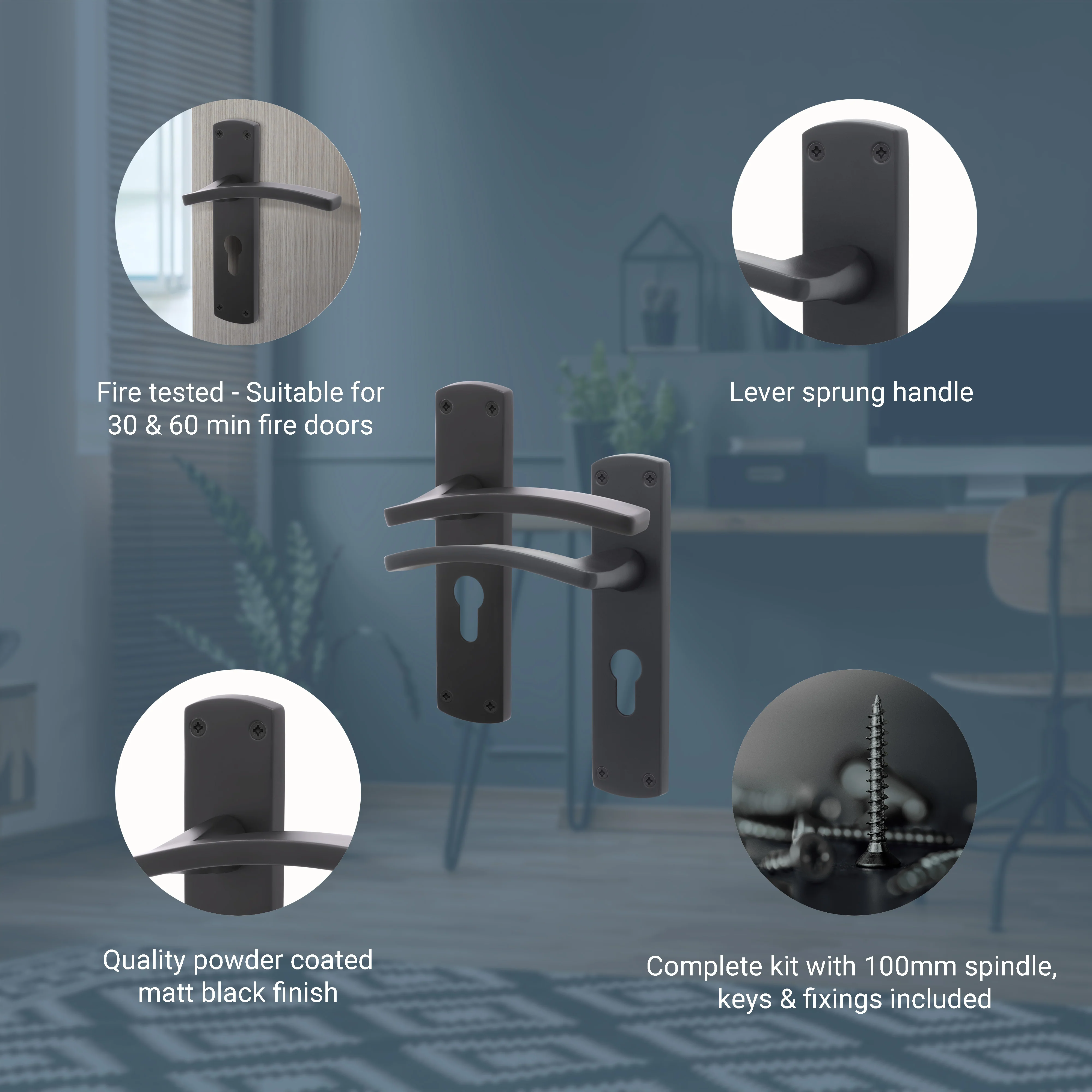 Euroda-Plus Black Lever Lock Fire Door Handles - Euro - FD30/60 - Image 3