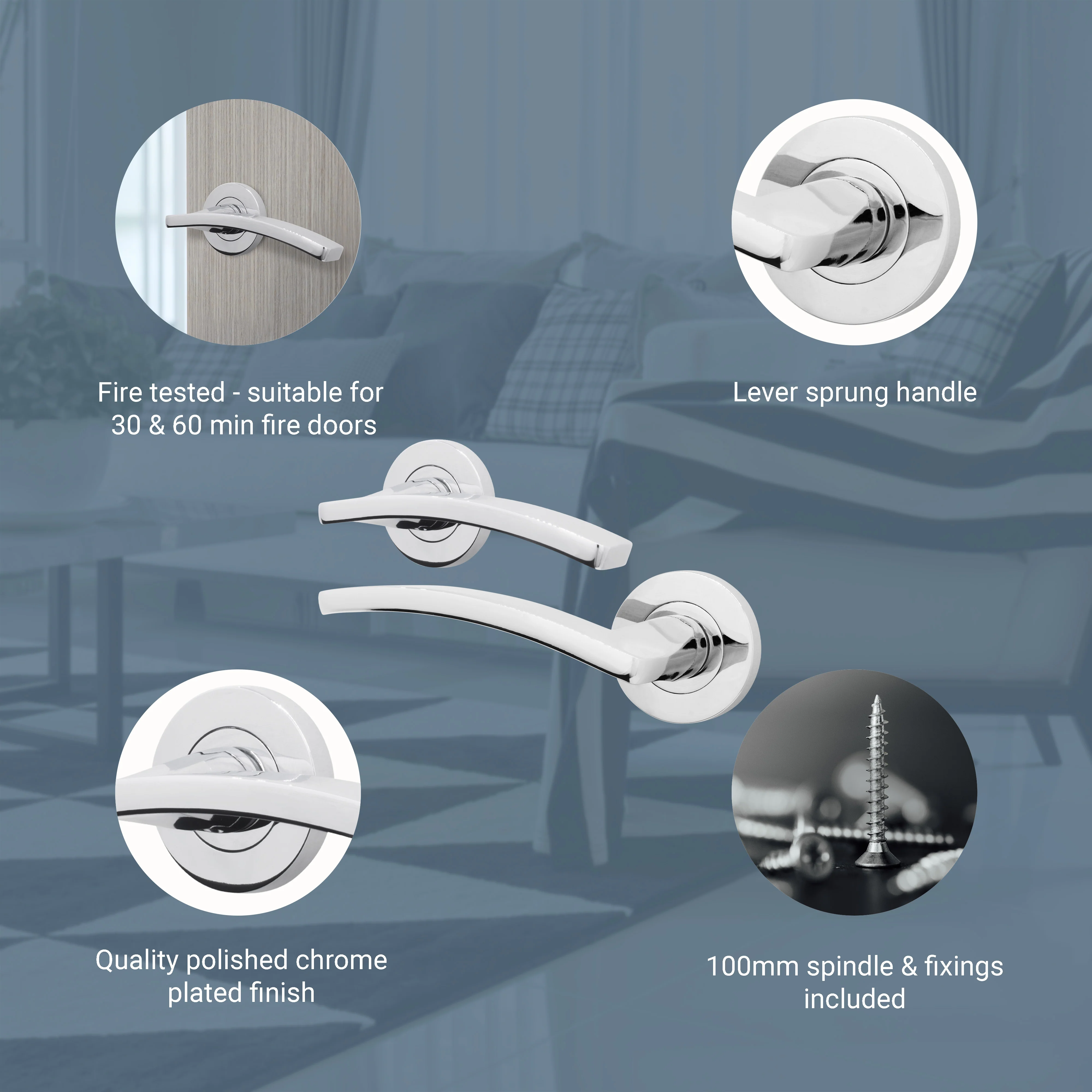 Euroda-Plus Fire Door Handle on Rose - Polished Chrome - FD30/60 - Image 3