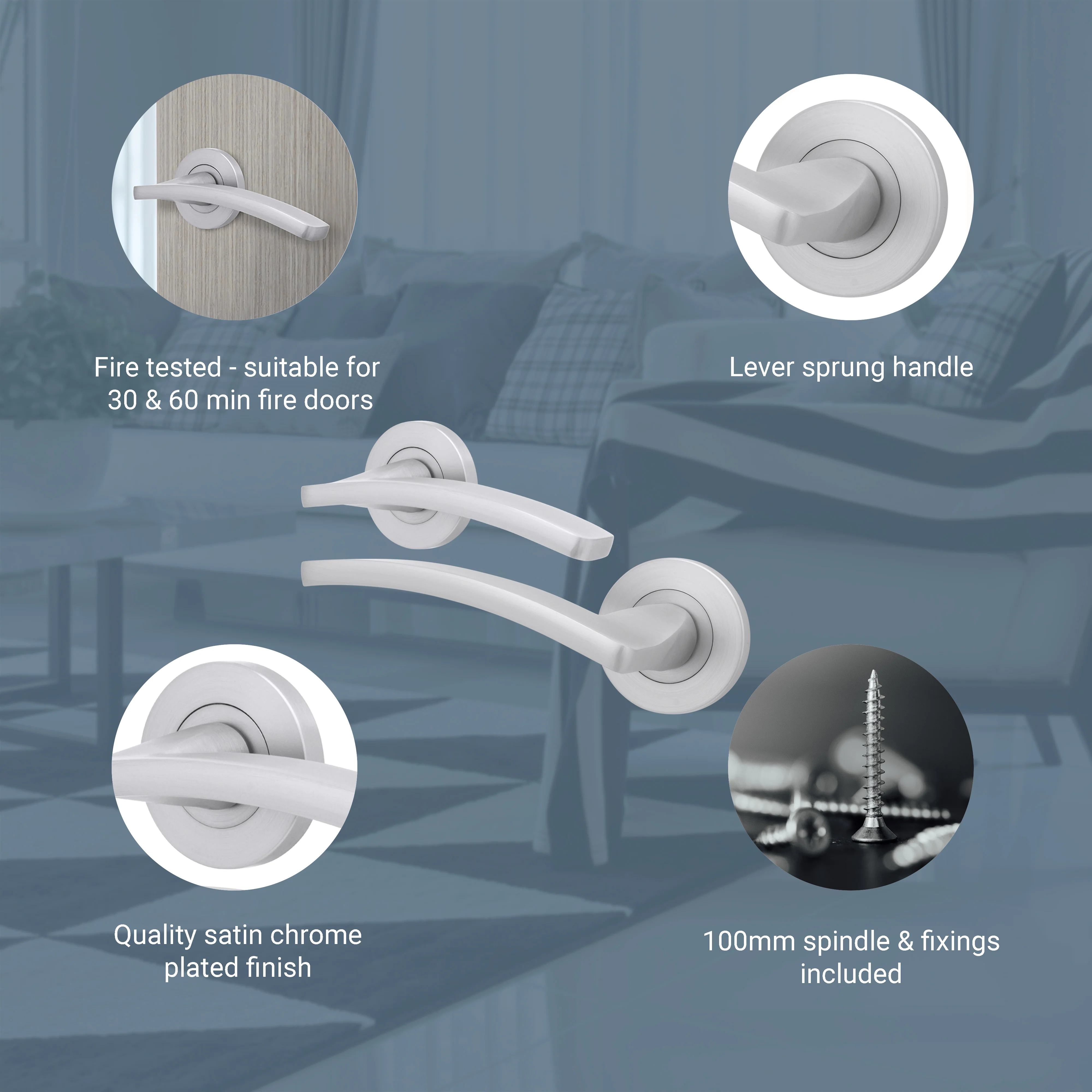 Euroda-Plus Fire Door Handle on Rose - Satin Chrome - FD30/60 - Image 3