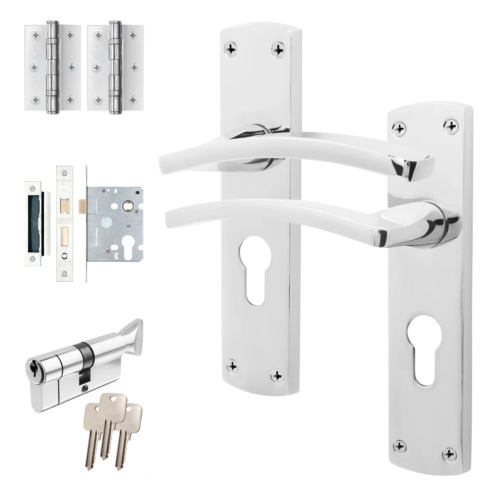 Euroda-Plus Polished Chrome Door Handle Pack - 3 Lever Lock & Thumbturn Cylinder