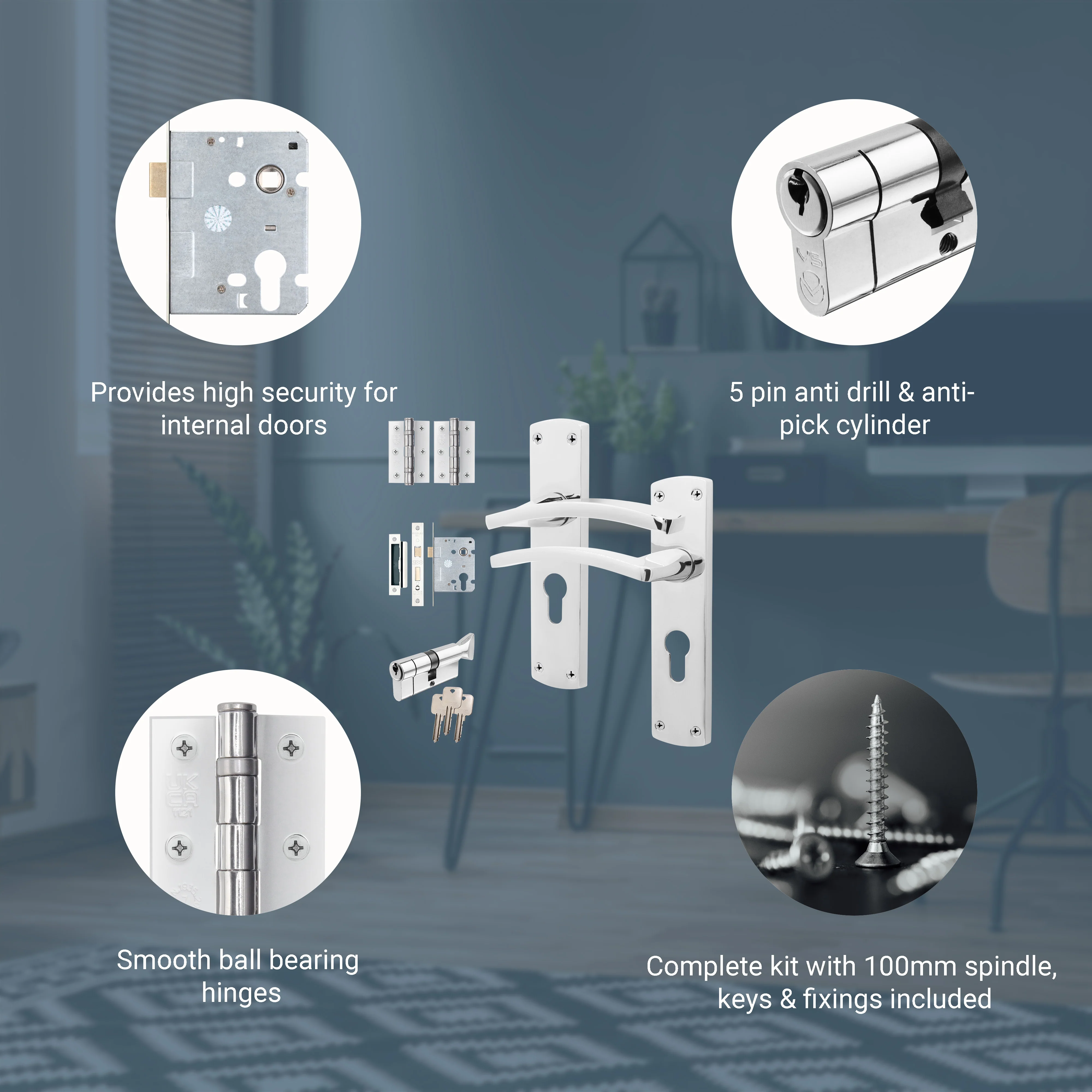 Euroda-Plus Polished Chrome Door Handle Pack - 3 Lever Lock & Thumbturn Cylinder - Image 3