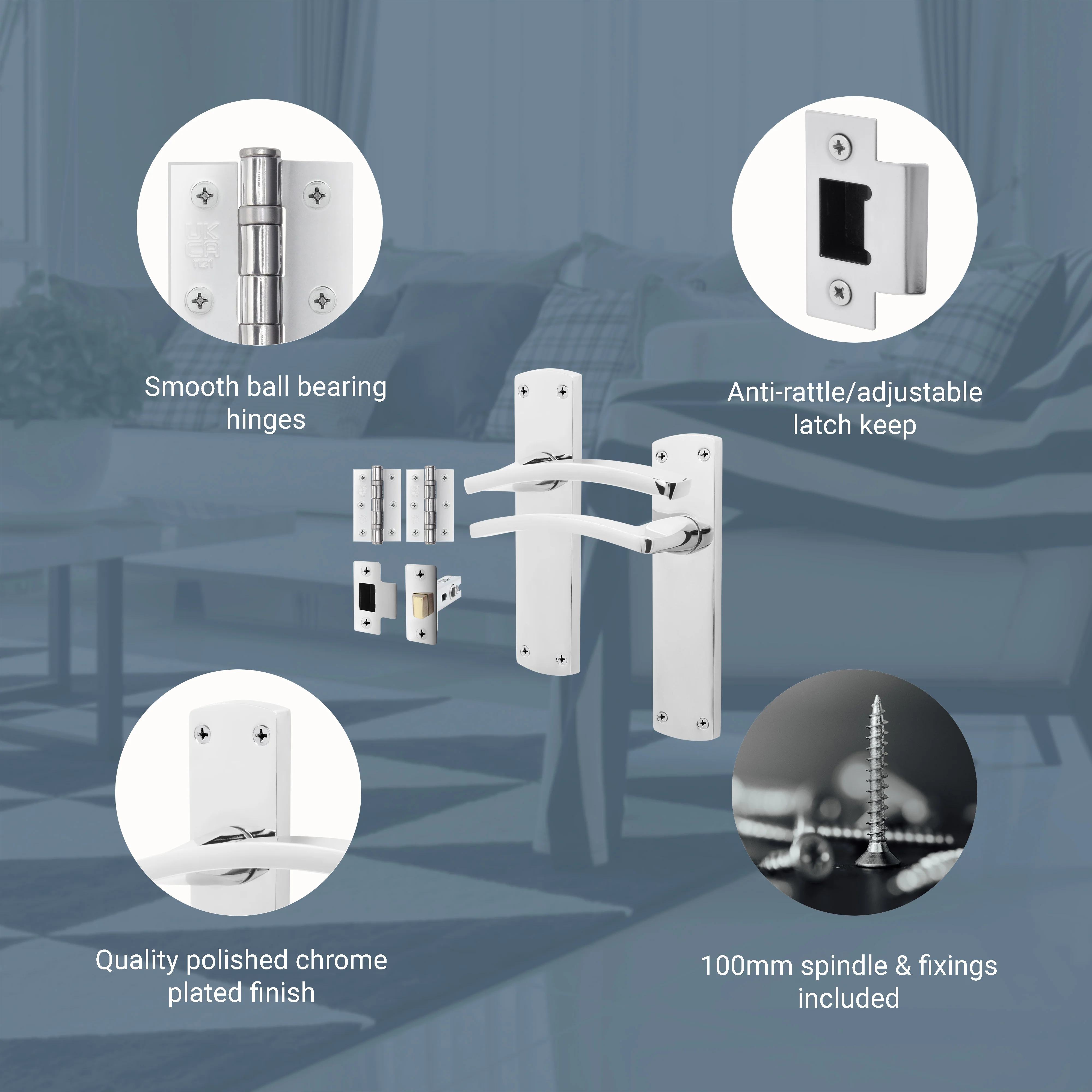 Euroda-Plus Polished Chrome Door Handle Pack - Latch - Image 3