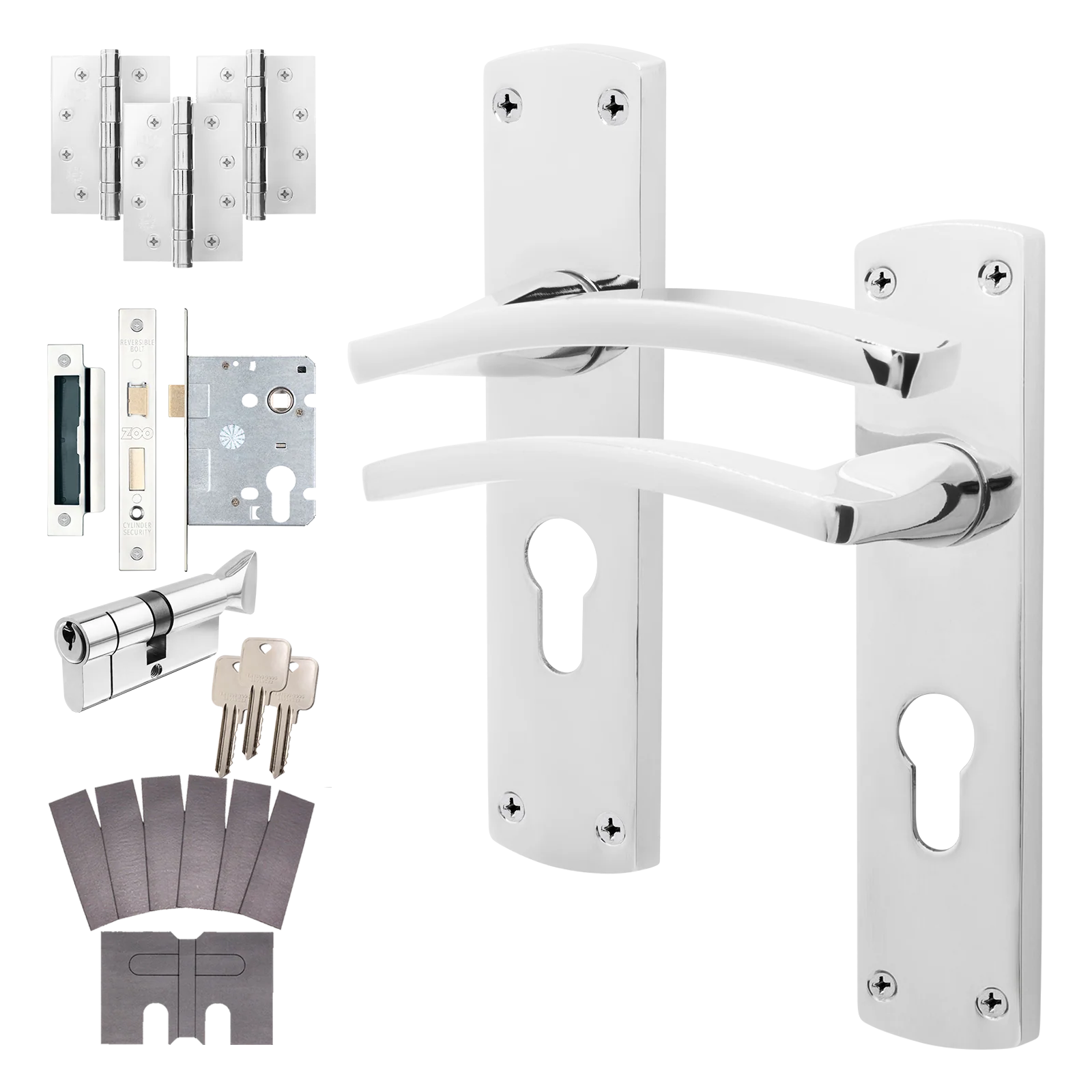 Euroda-Plus Polished Chrome Fire Door Handle Pack - 3 Lever Lock & Thumbturn Cylinder