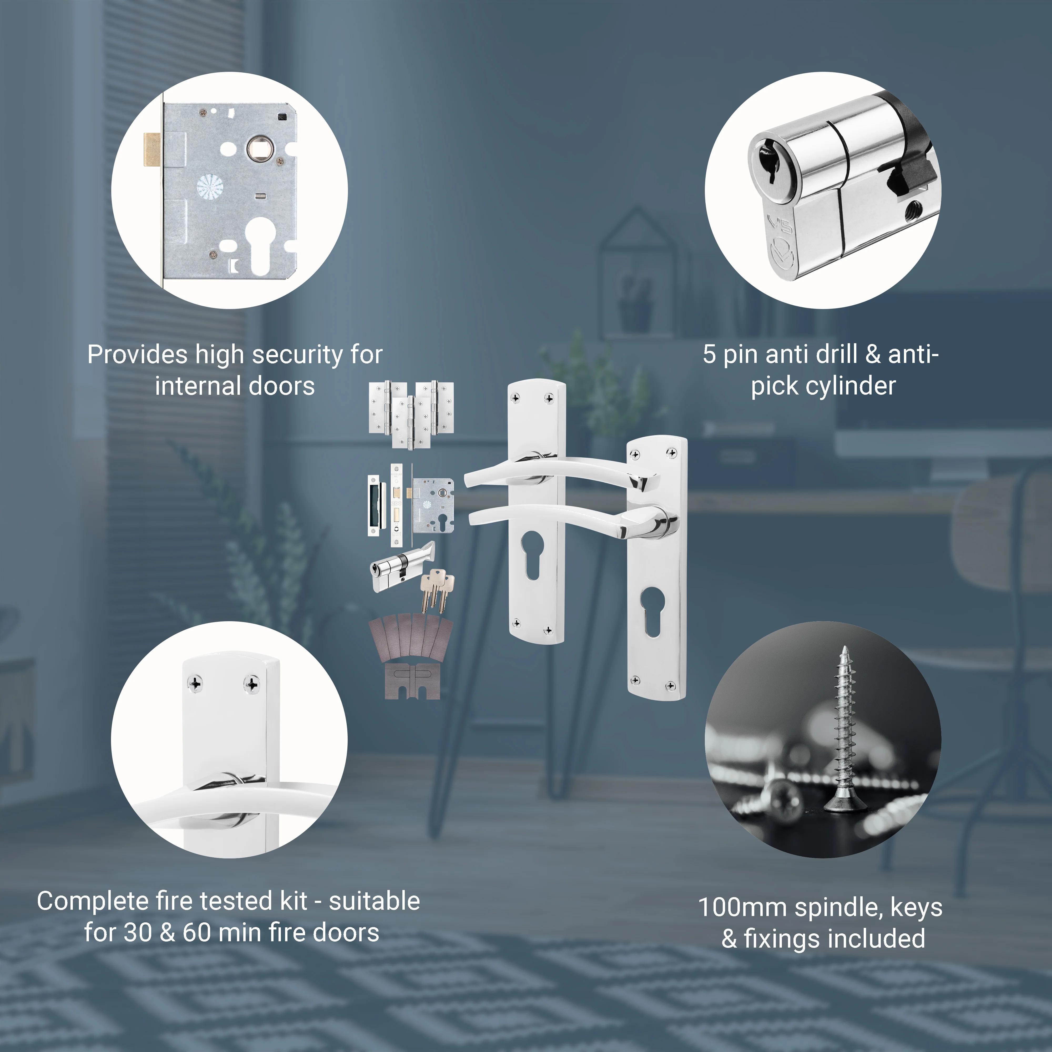 Euroda-Plus Polished Chrome Fire Door Handle Pack - 3 Lever Lock & Thumbturn Cylinder - Image 3