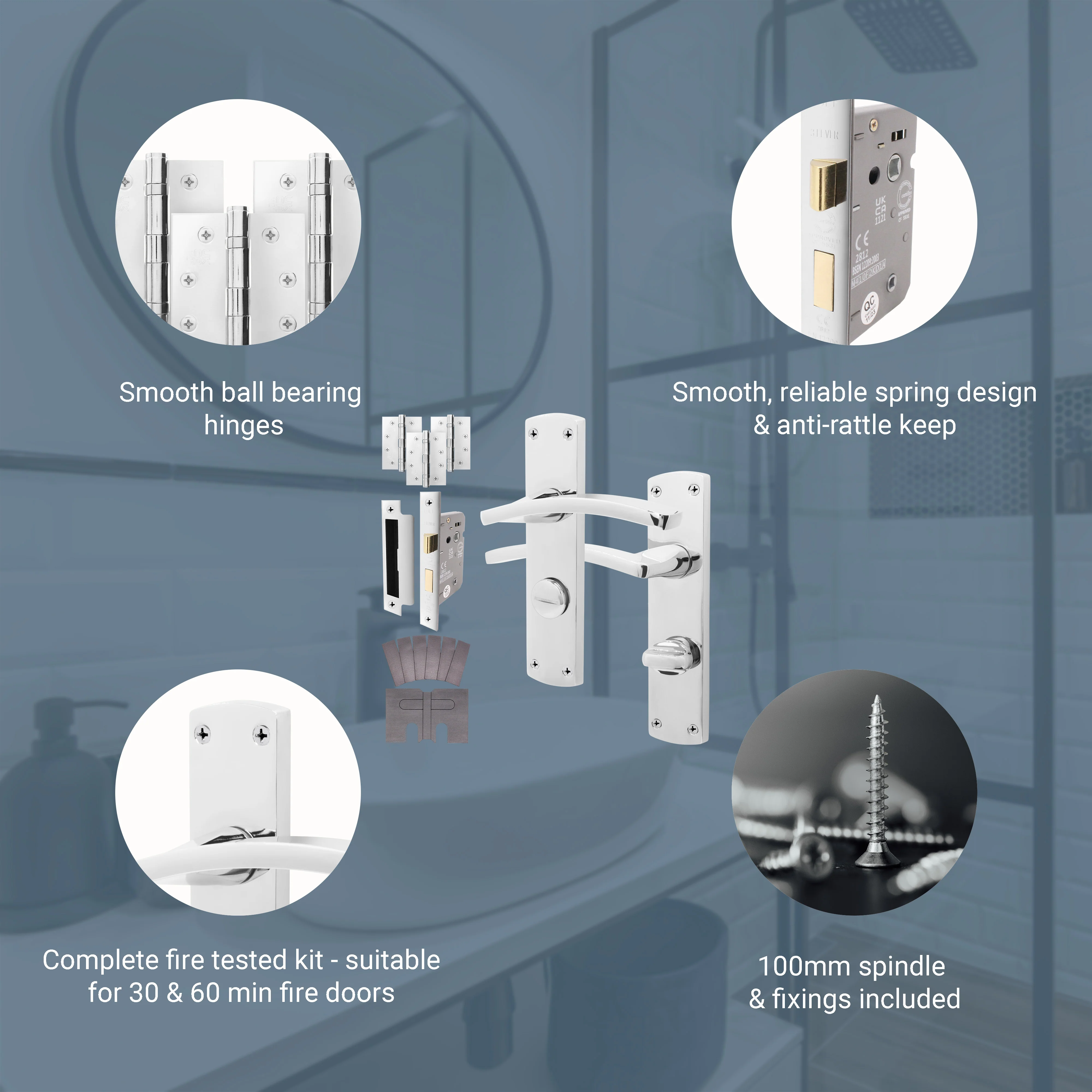 Euroda-Plus Polished Chrome Fire Door Handle Pack - Bathroom - FD30/60 - Image 3