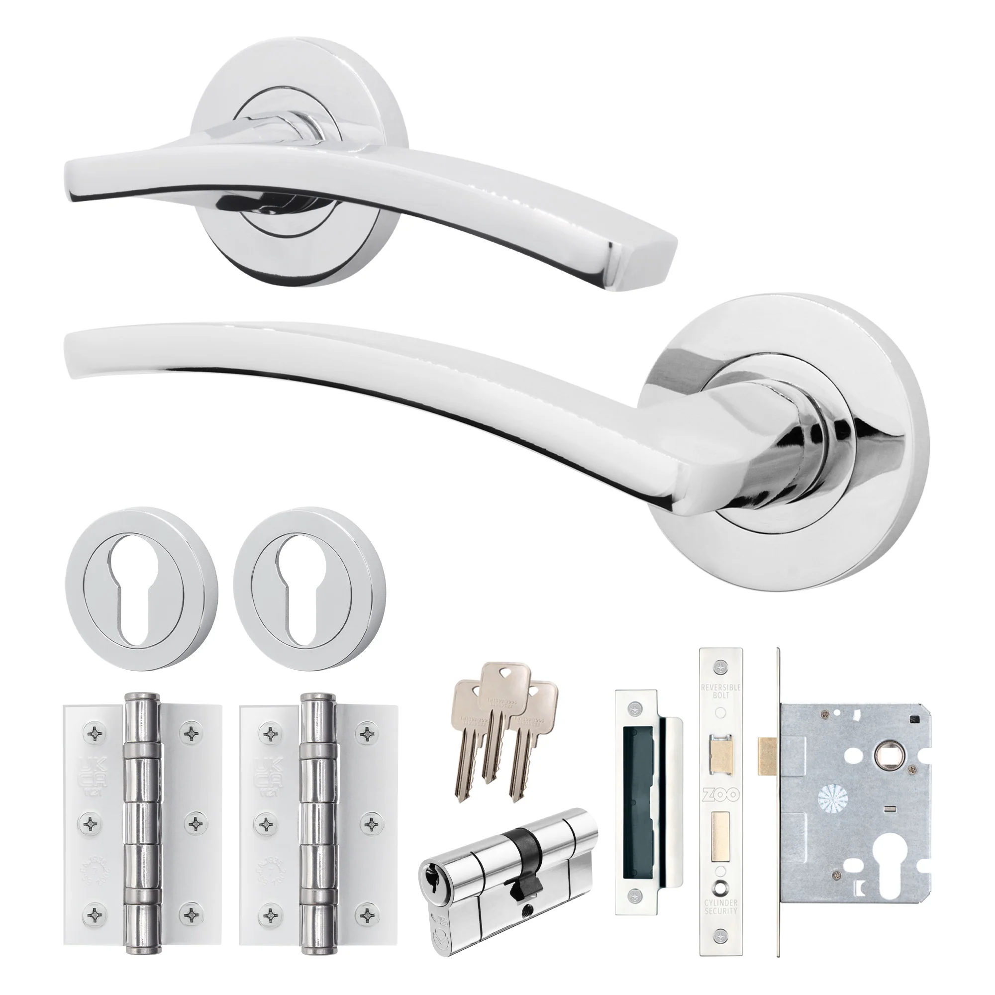 Euroda-Plus Polished Chrome Lever on Rose Door Handle Pack - Euro Lock & Cylinder