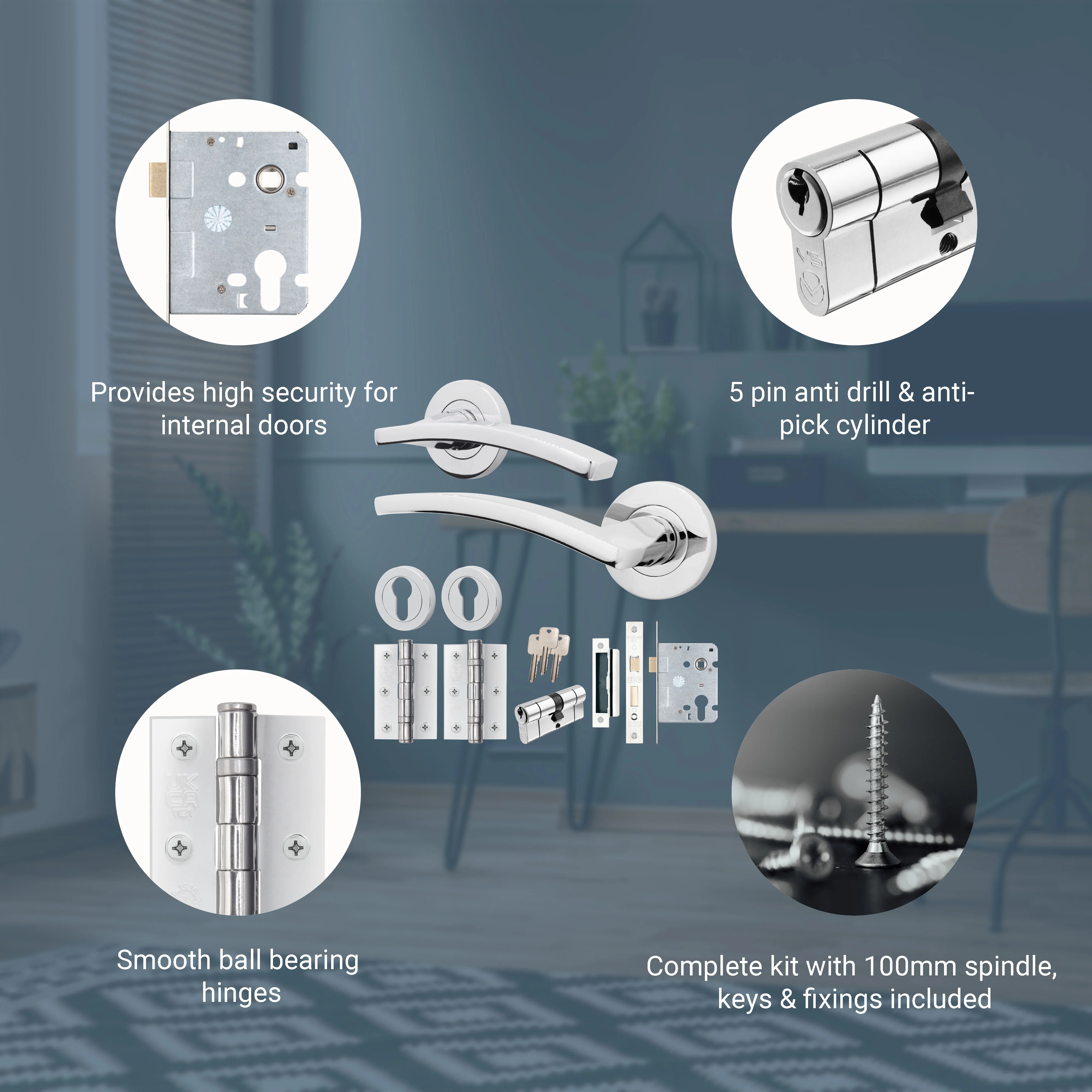 Euroda-Plus Polished Chrome Lever on Rose Door Handle Pack - Euro Lock & Cylinder - Image 3