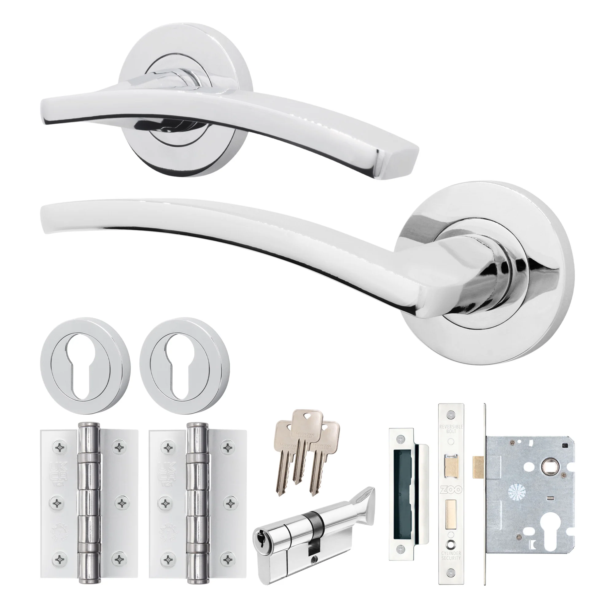 Euroda-Plus Polished Chrome Lever on Rose Door Handle Pack - 3 Lever Lock & Thumbturn Cylinder