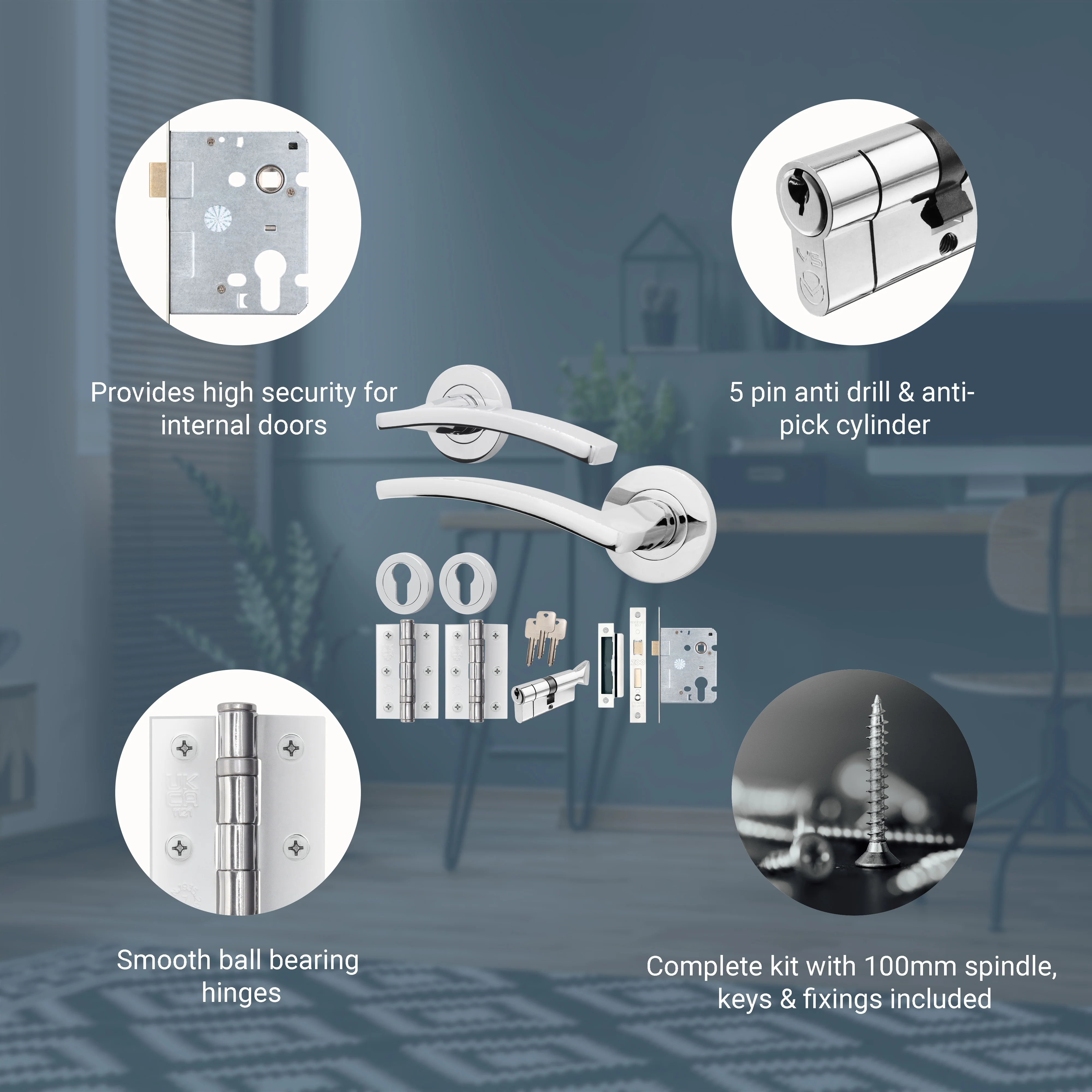 Euroda-Plus Polished Chrome Lever on Rose Door Handle Pack - 3 Lever Lock & Thumbturn Cylinder - Image 3