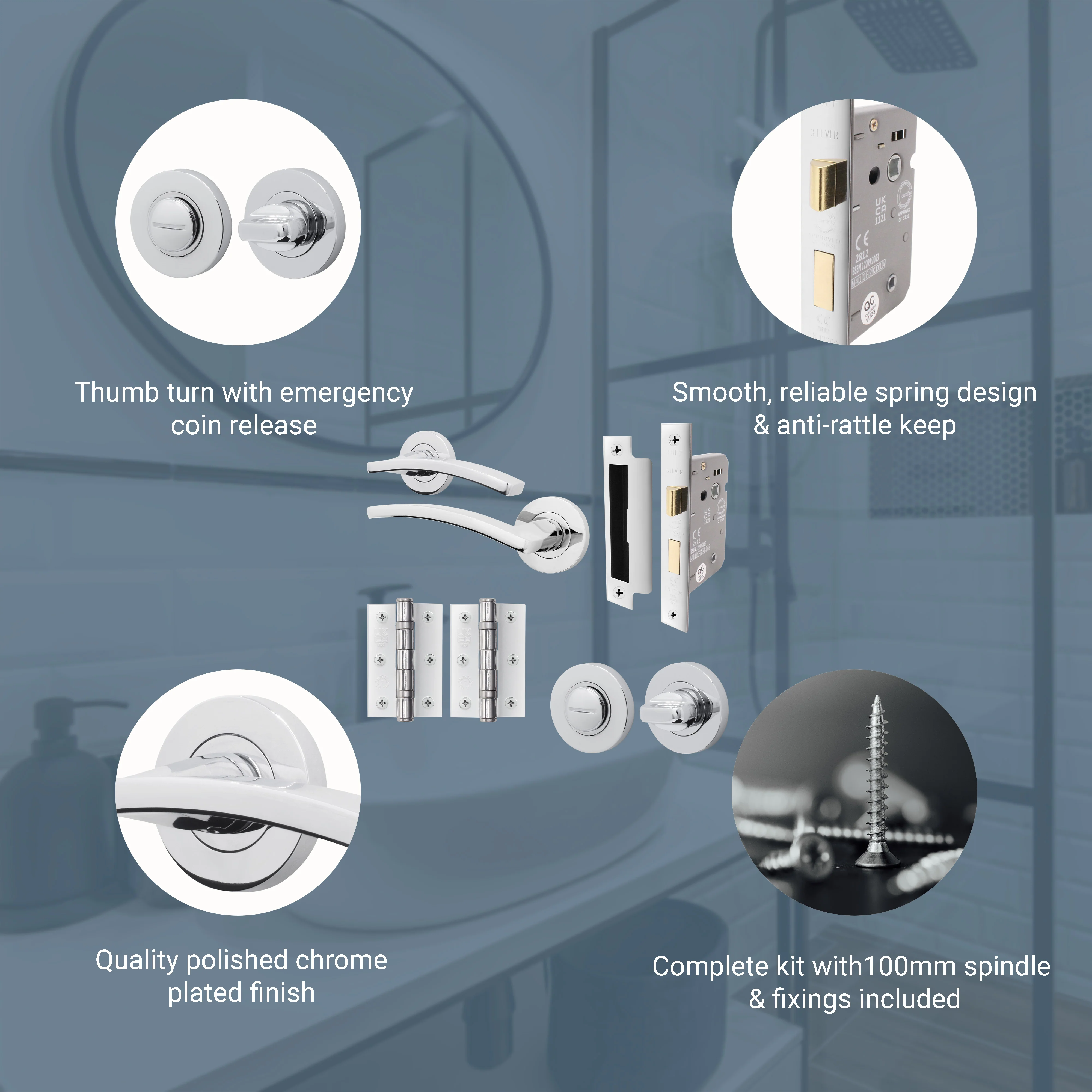 Euroda-Plus Polished Chrome Lever on Rose Door Handle Pack - Bathroom - Image 3