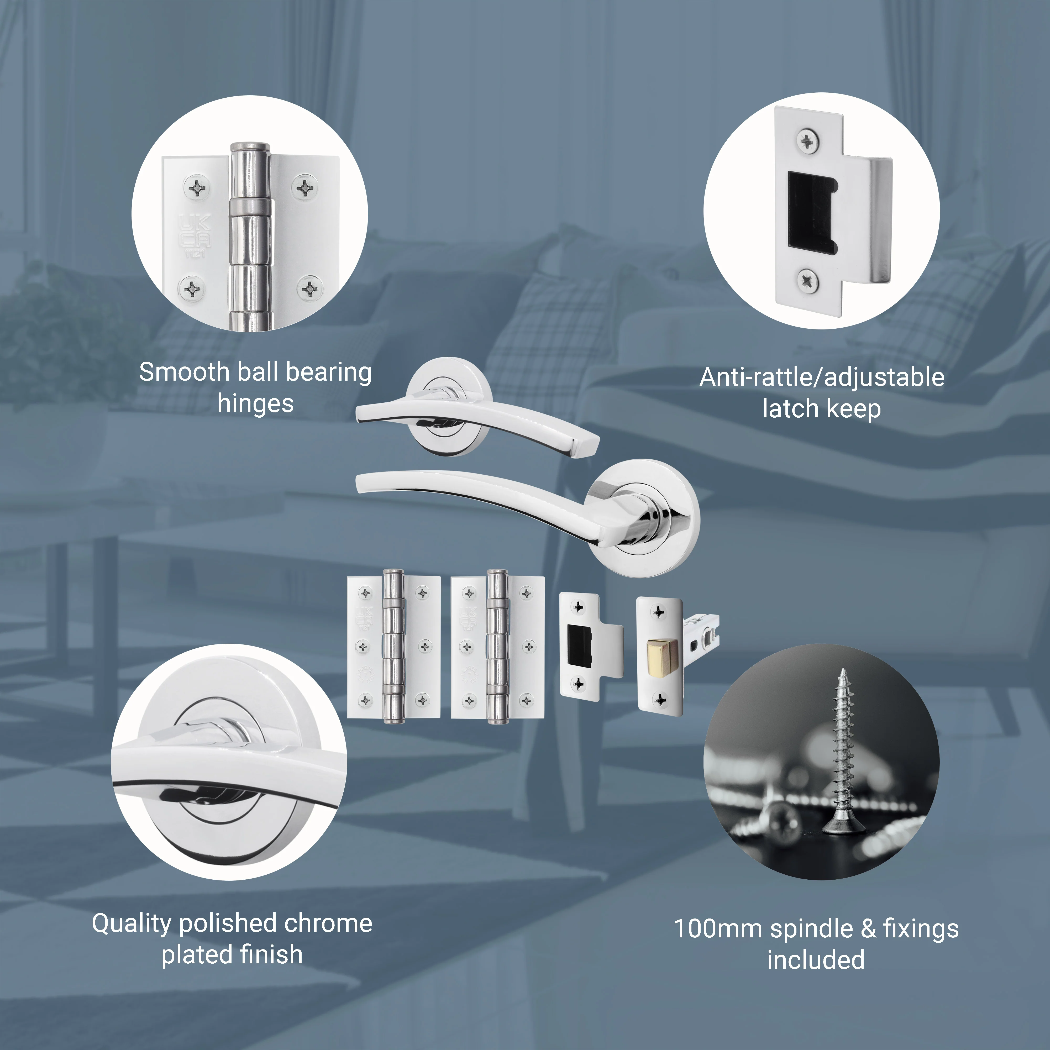 Euroda-Plus Polished Chrome Lever on Rose Door Handle Pack - Latch - Image 3