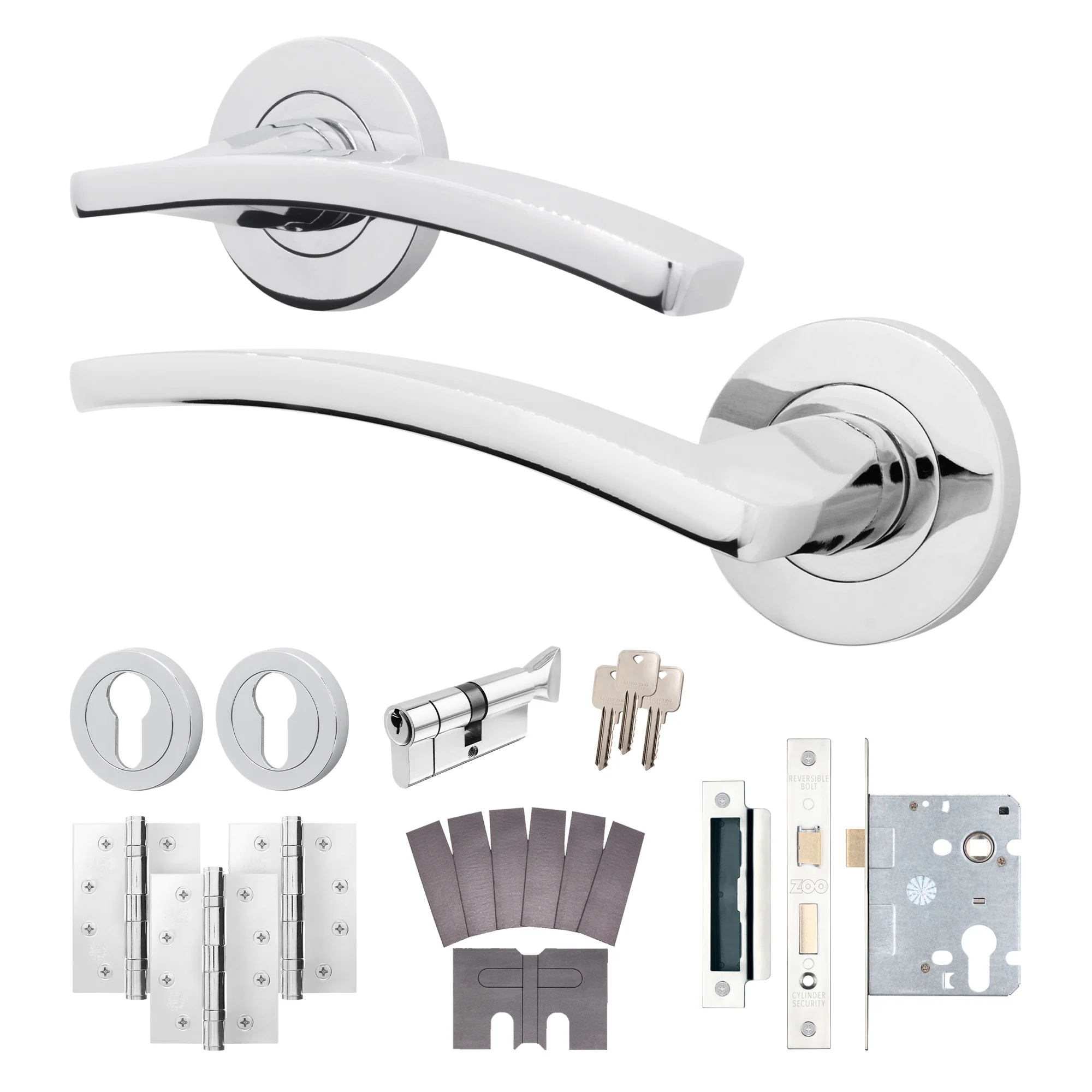Euroda-Plus Polished Chrome Lever on Rose Fire Door Handle Pack - Euro Lock & Thumbturn Cylinder - FD30/60