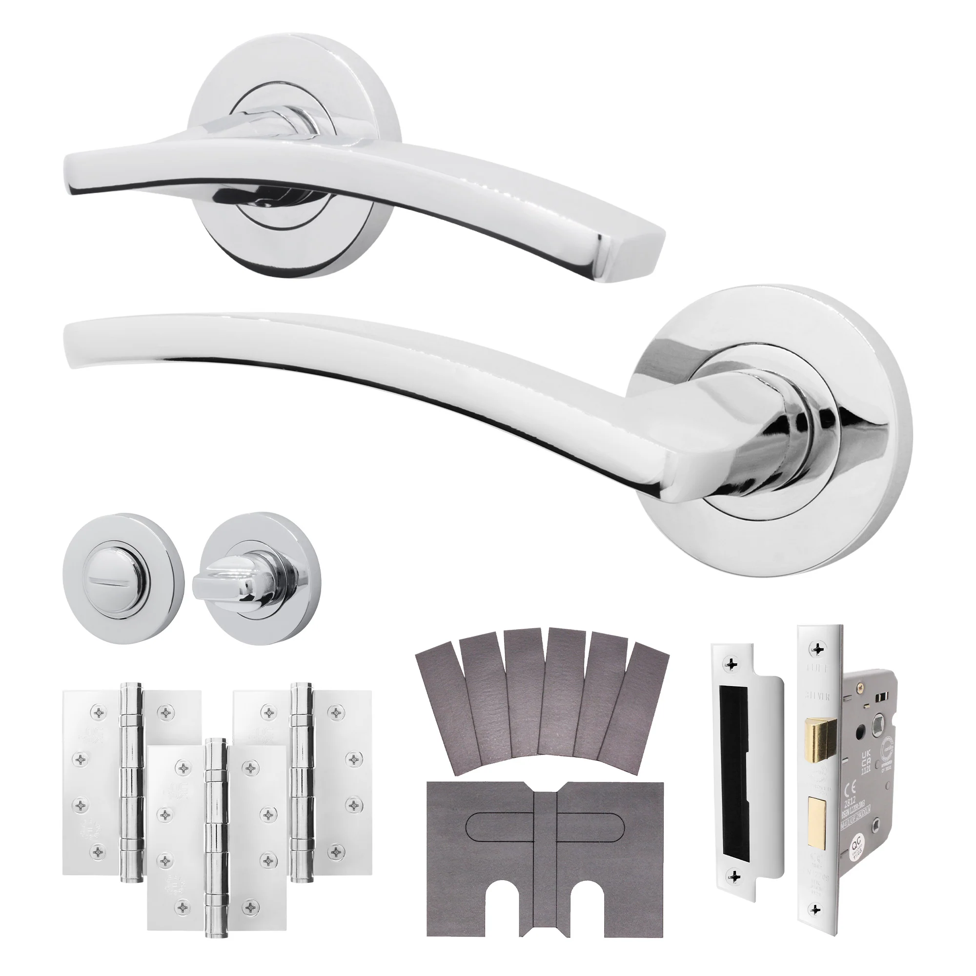 Euroda-Plus Polished Chrome Lever on Rose Fire Door Handle Pack - Bathroom - FD30/60