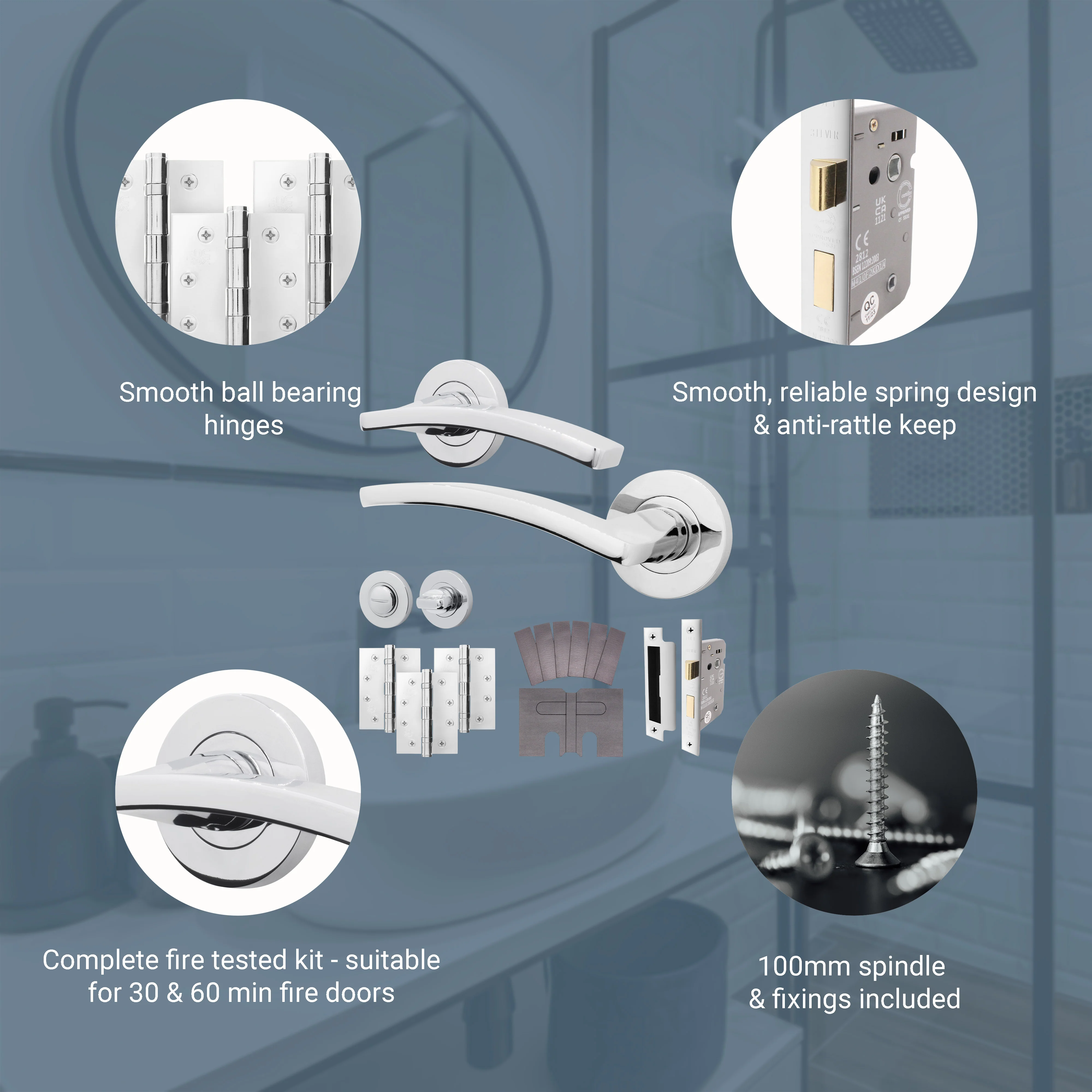 Euroda-Plus Polished Chrome Lever on Rose Fire Door Handle Pack - Bathroom - FD30/60 - Image 3