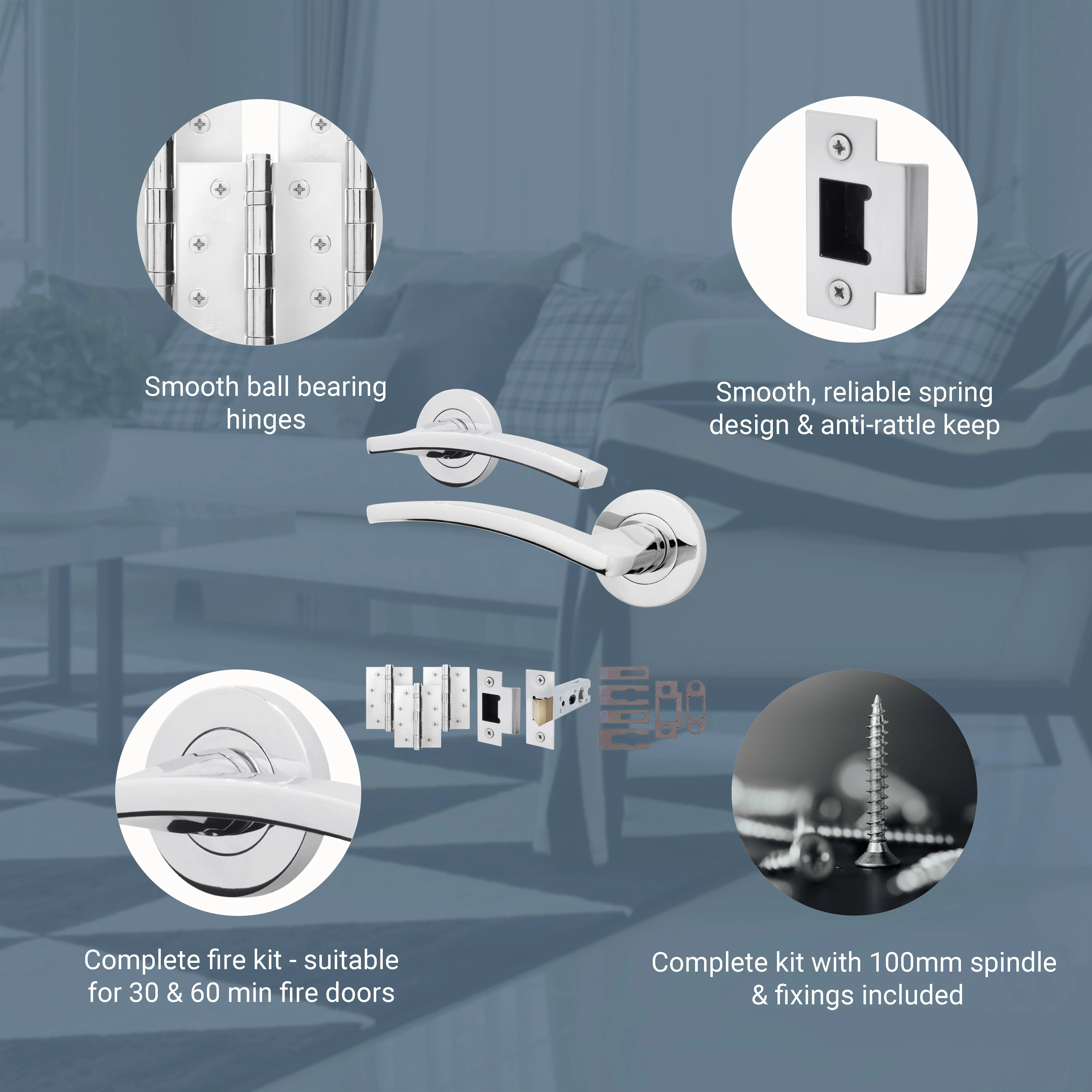 Euroda-Plus Polished Chrome Lever on Rose Fire Door Handle Pack - Latch - FD30/60 - Image 3