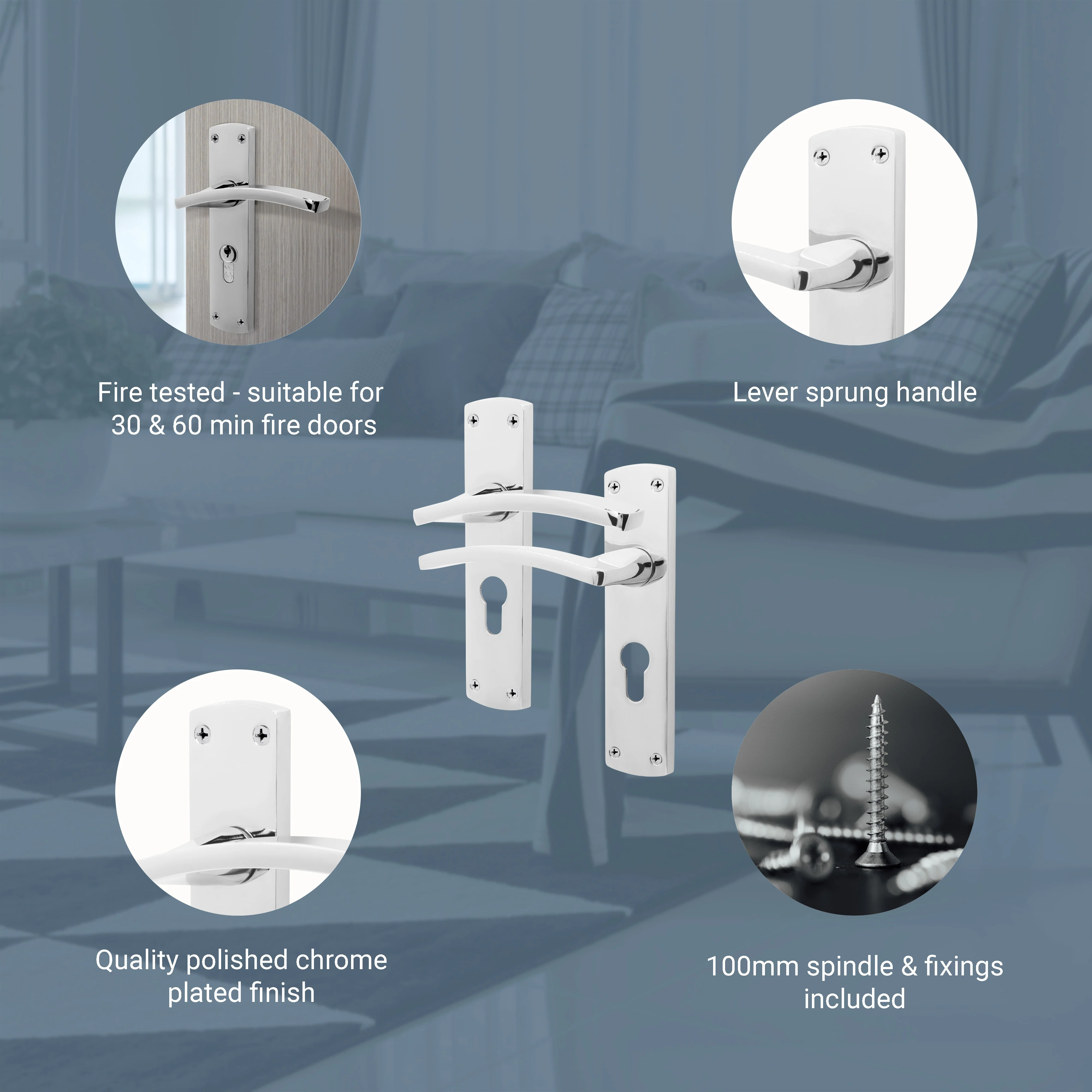 Euroda-Plus Polished Chrome Lever Lock Fire Door Handles - Euro - FD30/60 - Image 3
