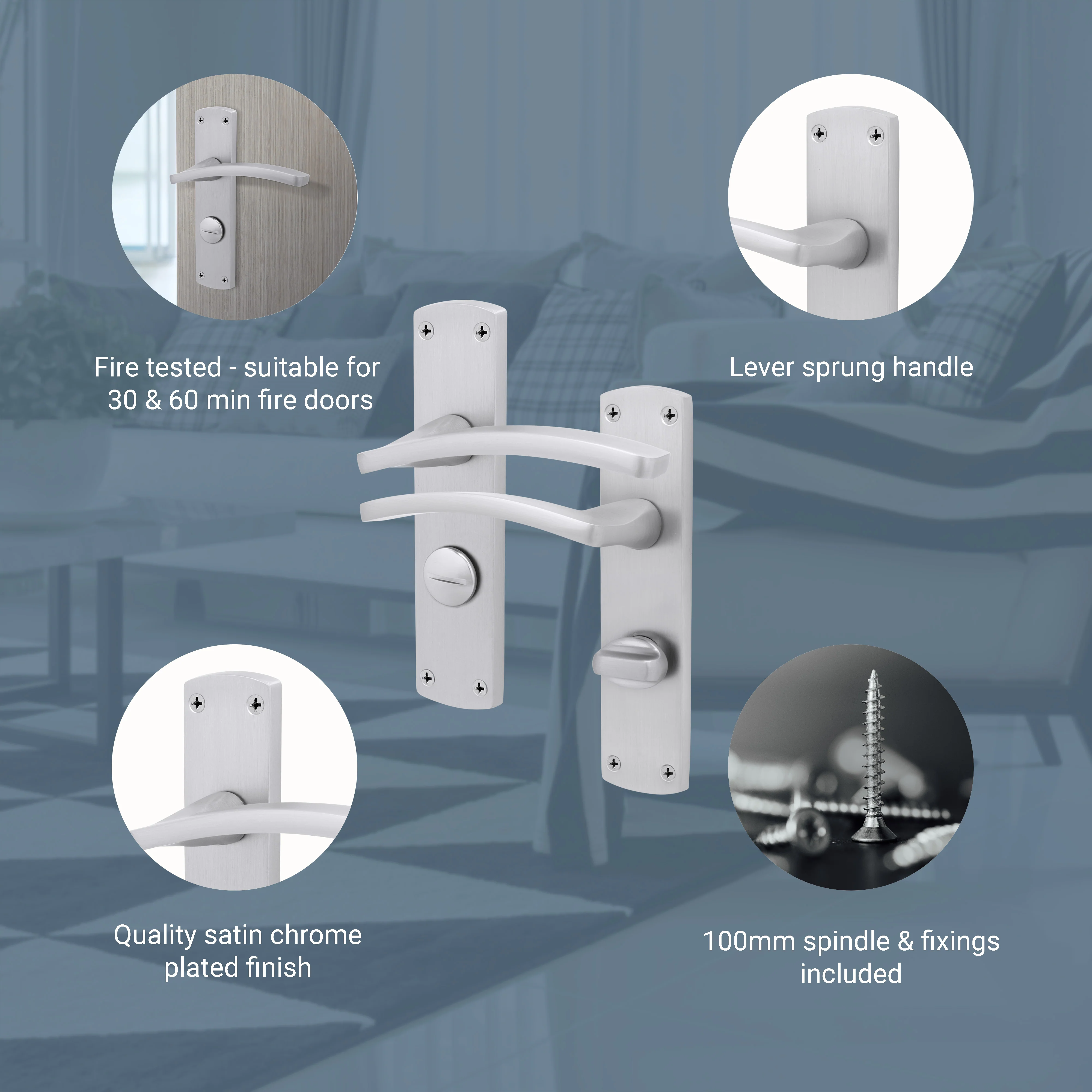 Euroda-Plus Satin Chrome Lever Fire Door Handles - Bathroom - FD30/60 - Image 3