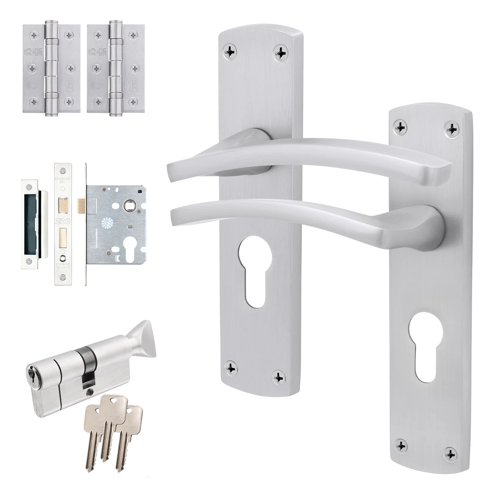 Euroda-Plus Satin Chrome Door Handle Pack - Euro Lock & Thumbturn Cylinder