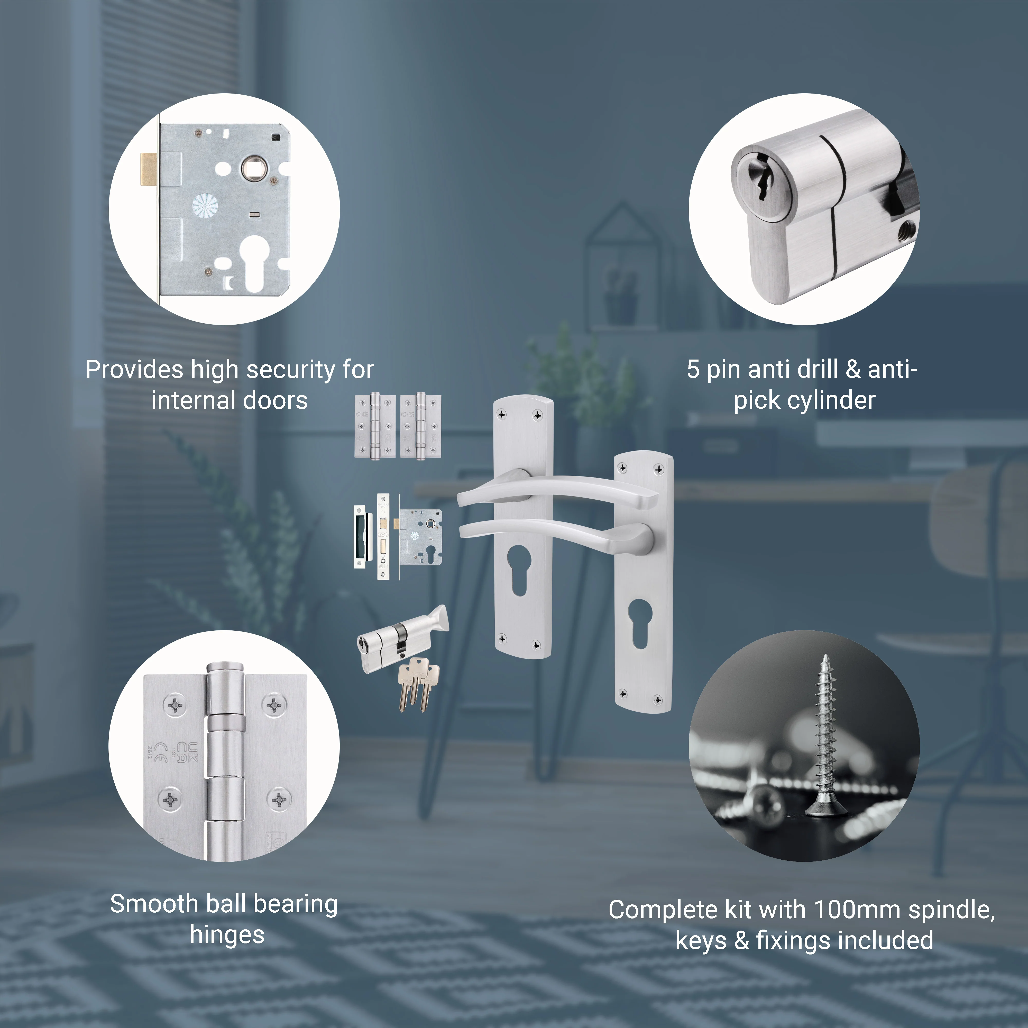 Euroda-Plus Satin Chrome Door Handle Pack - Euro Lock & Thumbturn Cylinder - Image 3