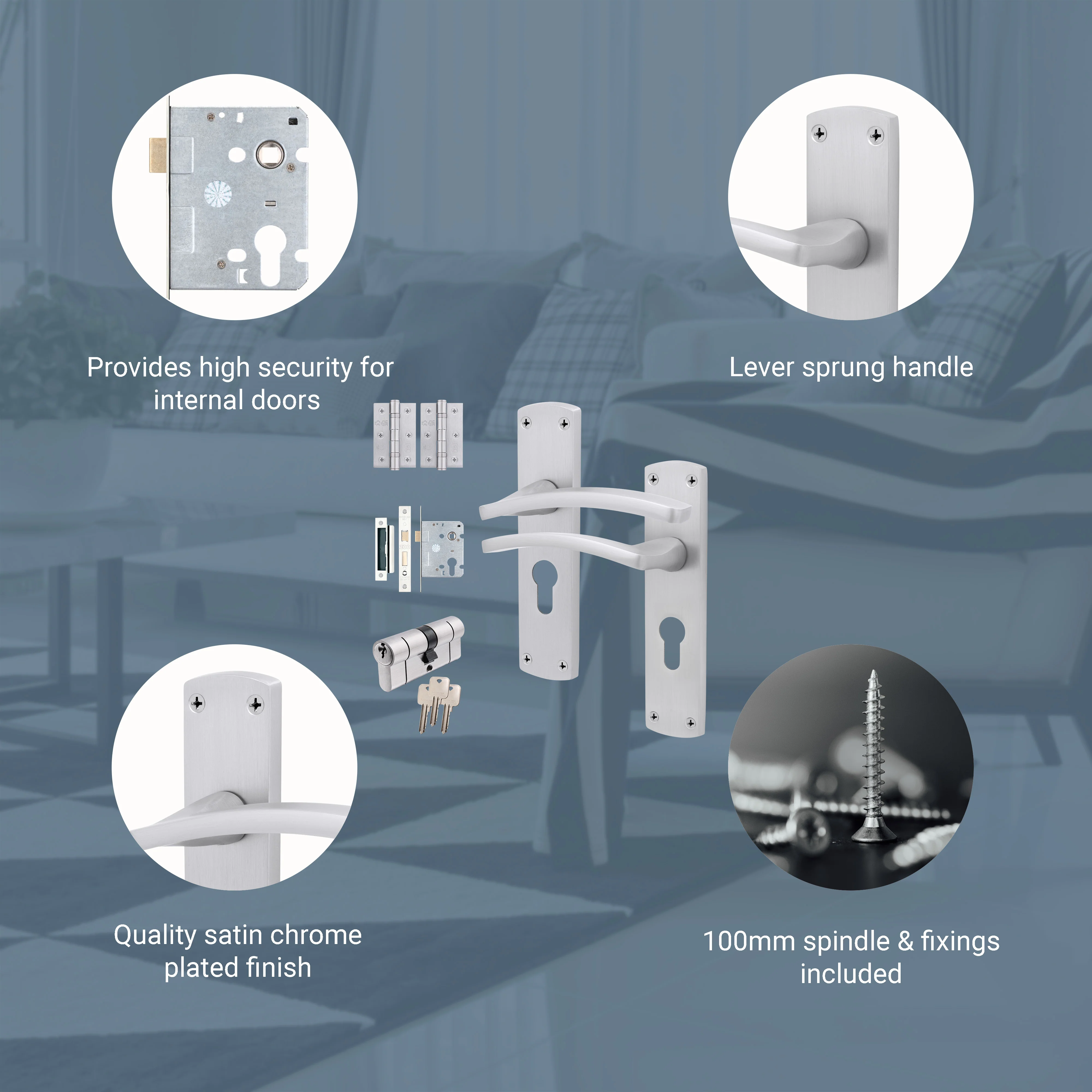 Euroda-Plus Satin Chrome Door Handle Pack - Euro Lock & Double Cylinder - Image 3