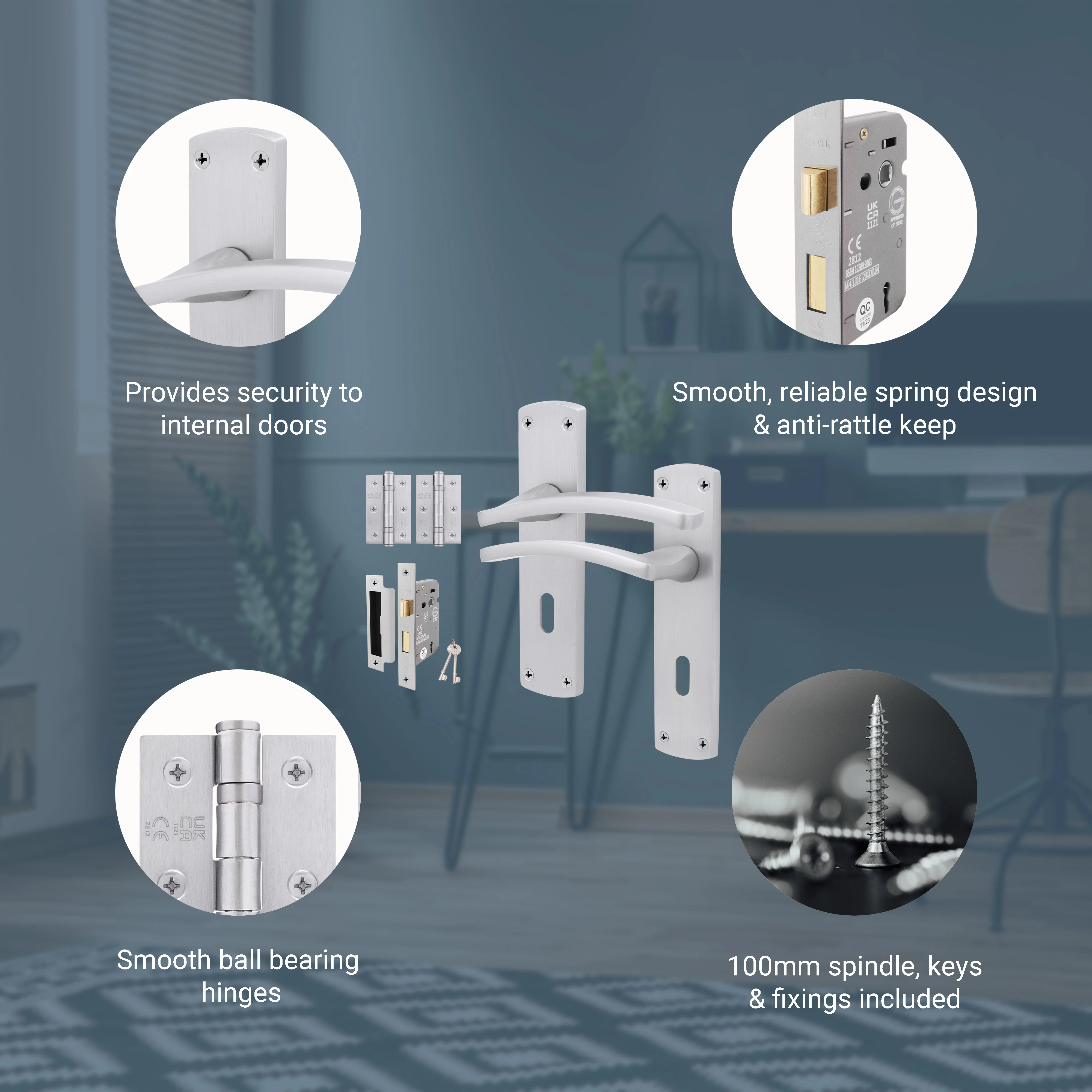 Euroda-Plus Satin Chrome Door Handle Pack - Sash lock - Image 3