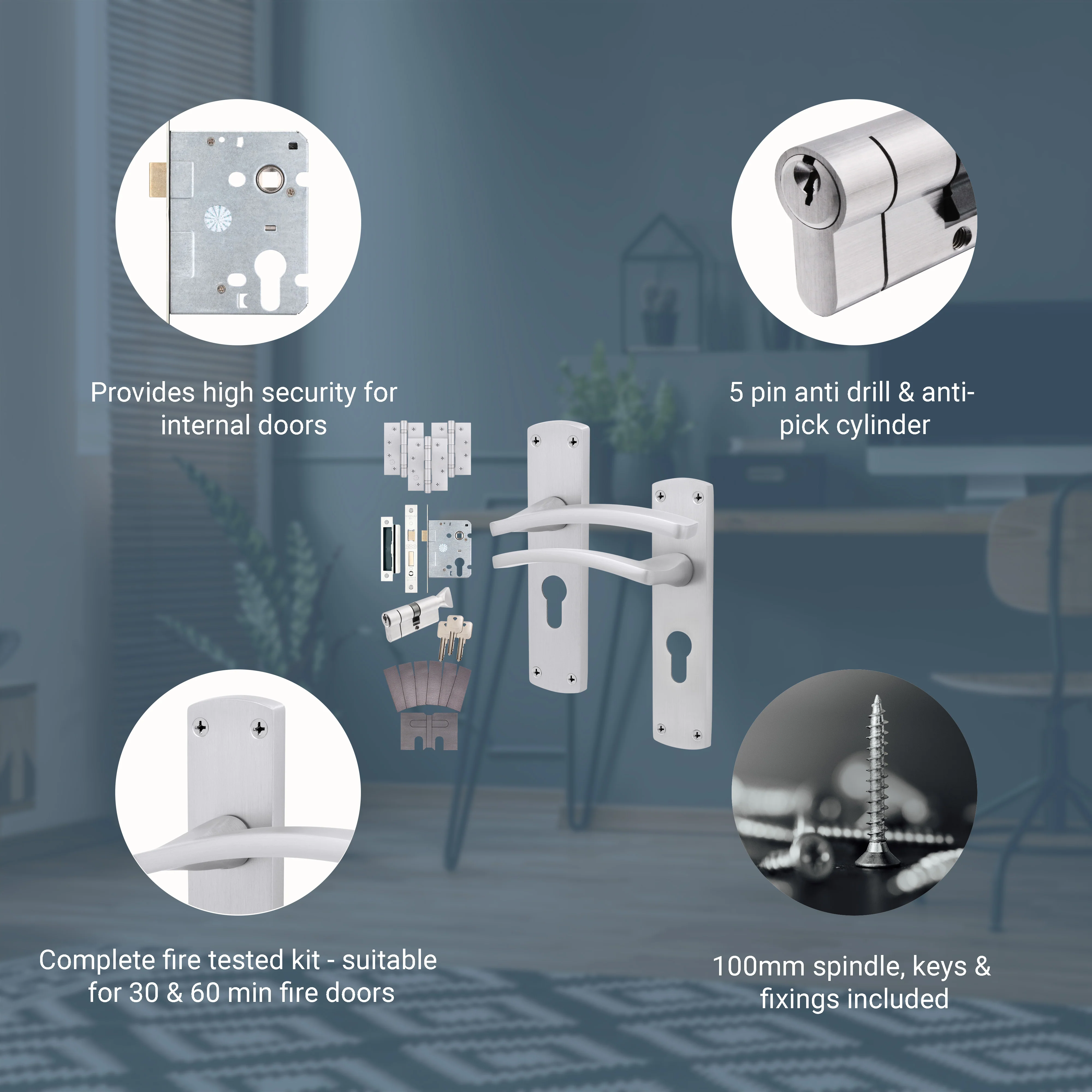 Euroda-Plus Satin Chrome Fire Door Handle Pack - Euro Lock & Thumbturn Cylinder - Image 3